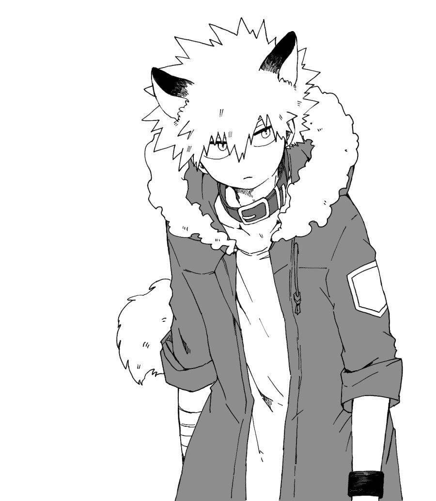 動漫男孩 桌布 壁紙 — 一個黑白動漫角色，有尖刺頭髮和狐狸耳朵，穿著毛領外套，表情嚴肅。
