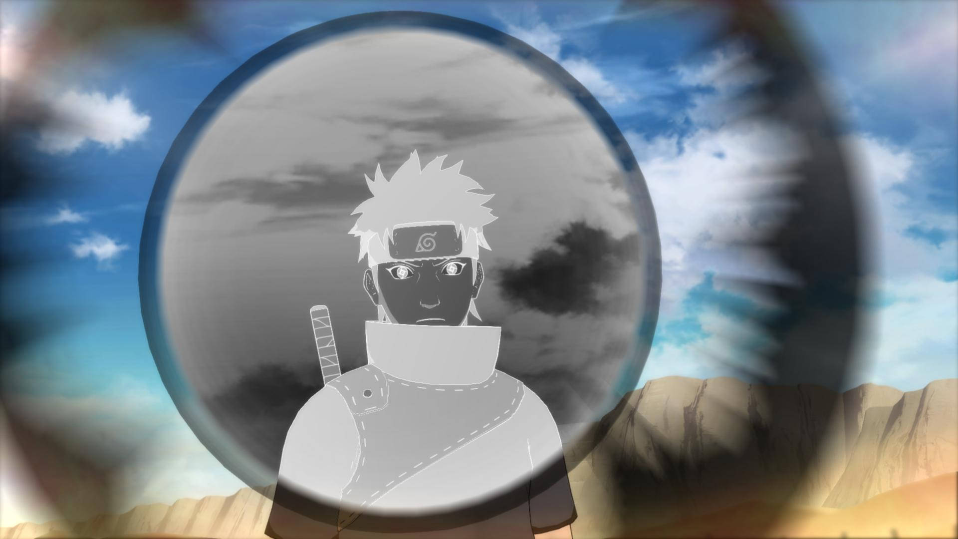 Shisui 桌布 壁紙 — 一個黑白動漫角色，有著刺刺的頭髮和頭帶，站在一個圓形傳送門內，背景是鮮豔的藍天和岩石地形。
