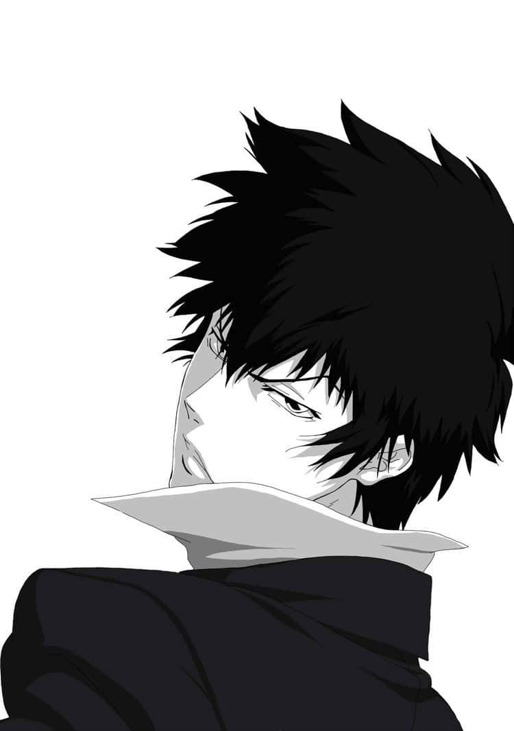 Shinya Kogami 桌布 壁紙 — 一個黑白動漫角色，有著刺蝟般的黑髮和銳利的眼神，在純白背景上轉頭越過肩膀。