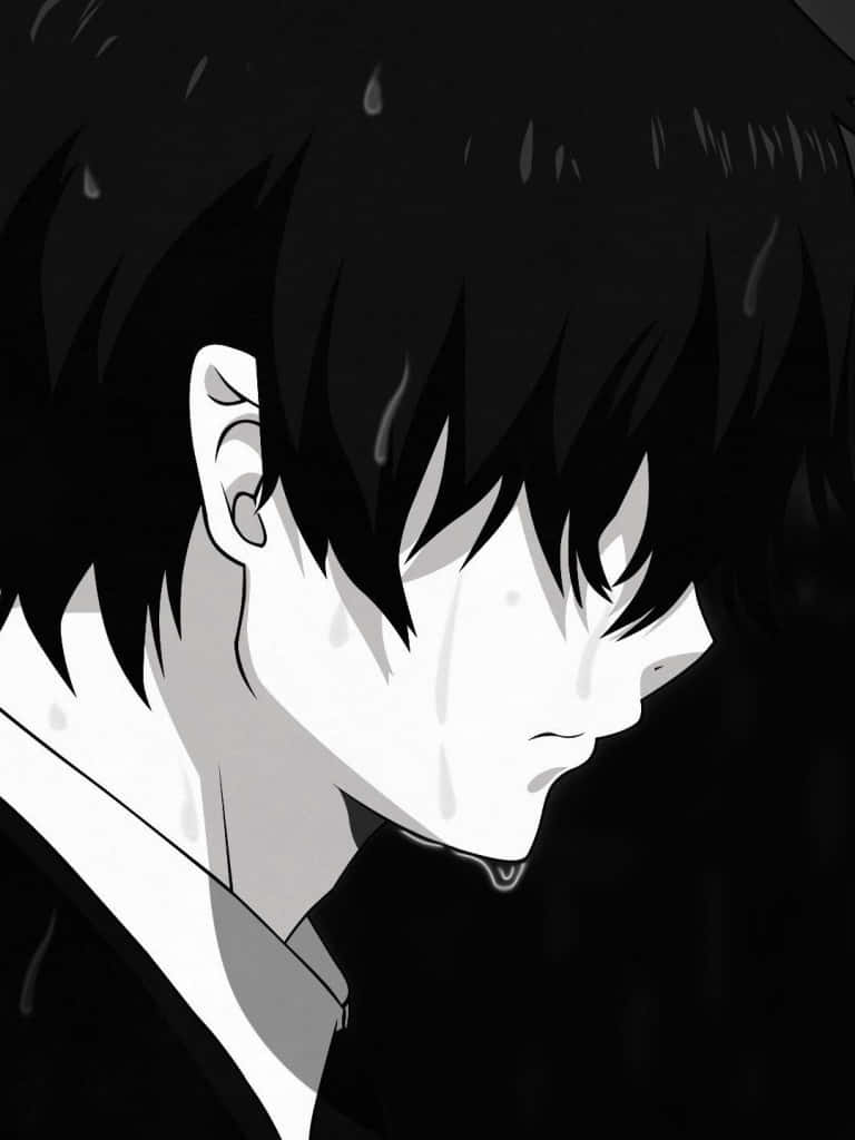 Dark Anime Boy 桌布 壁紙 — 一個黑白動漫角色，有著尖刺頭髮，在戲劇性的特寫側面中流淚。