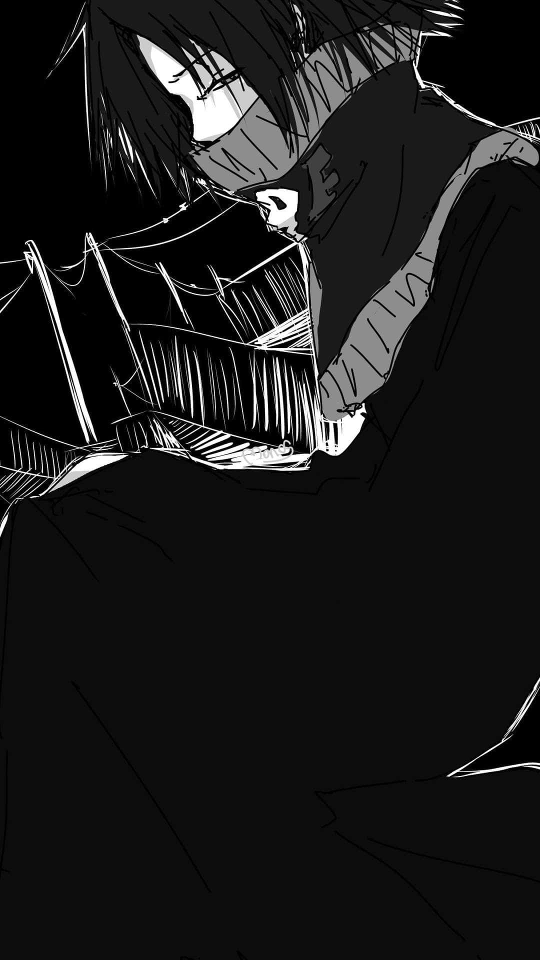 Feitan 桌布 壁紙 — 一個黑白動漫角色，有著尖刺頭髮和圍巾，身體前傾，眼神銳利，線條分明。