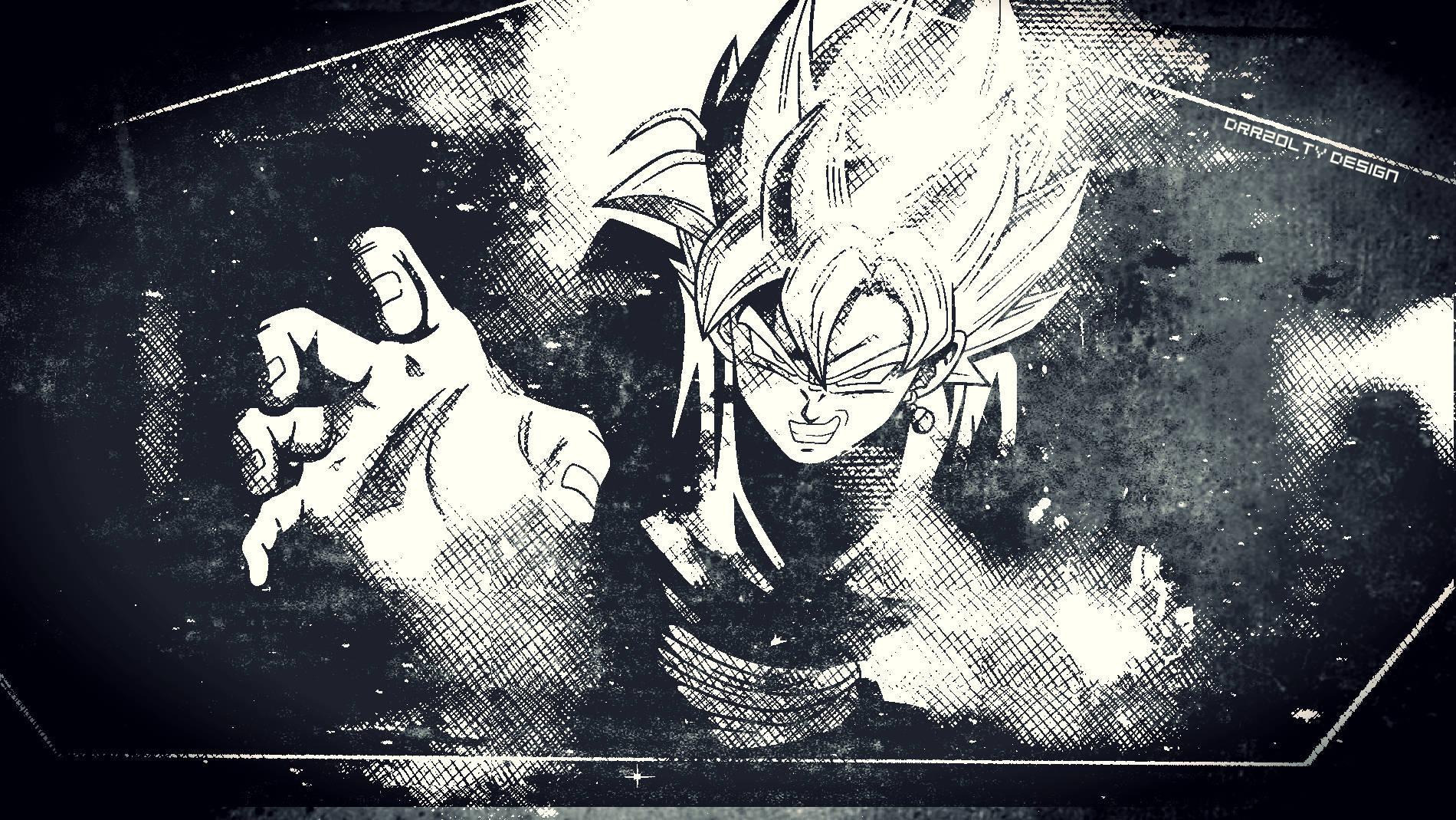 Black Goku 桌布 壁紙 — 一個黑白動漫角色，有著尖刺頭髮和銳利眼神，在粗糙紋理背景前伸出緊握的拳頭。