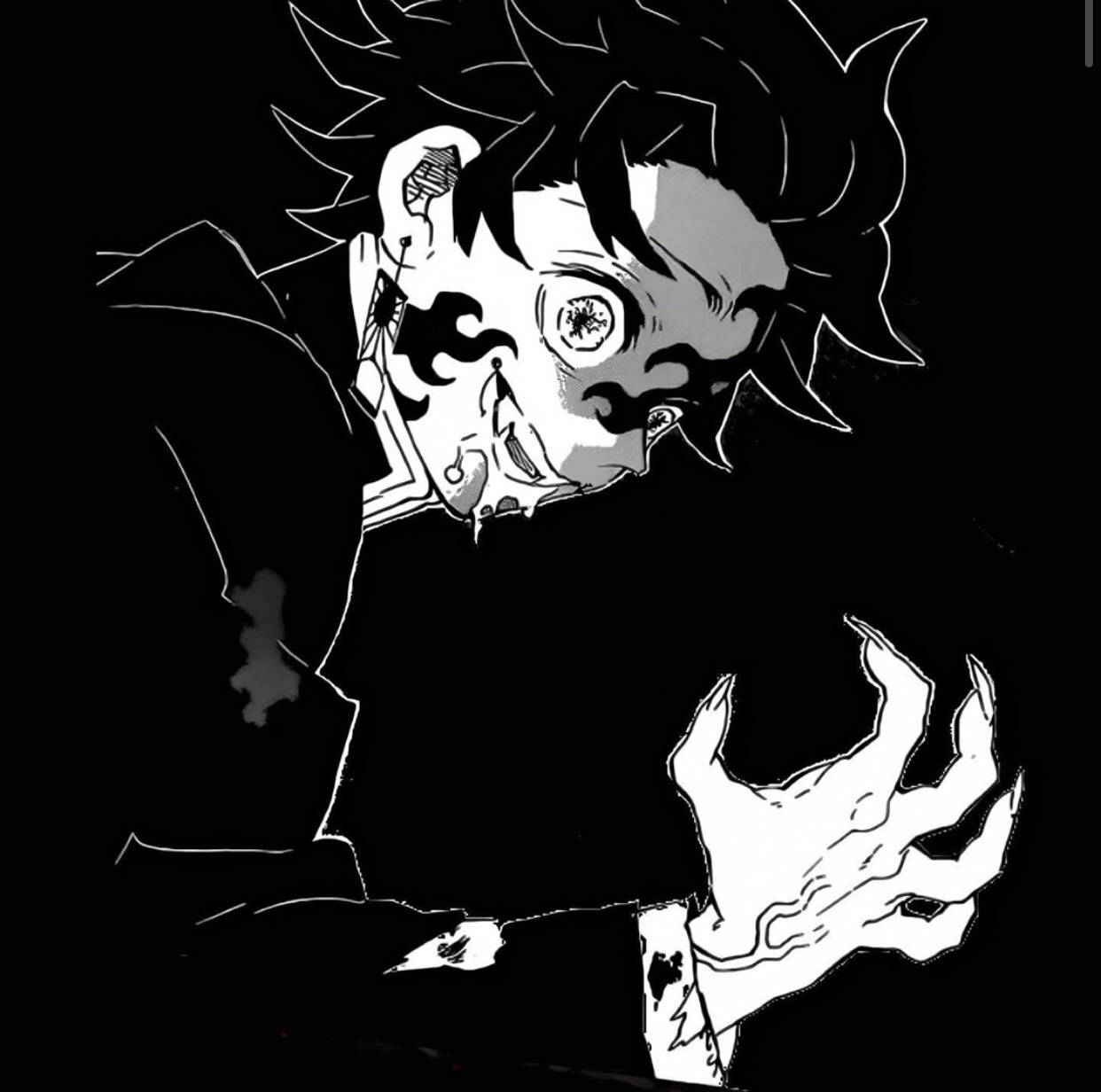 Demon Slayer Black And White 桌布 壁紙 — 一個黑白動漫角色，有著尖刺頭髮和發光的眼睛，在黑暗背景下伸出帶爪的手。