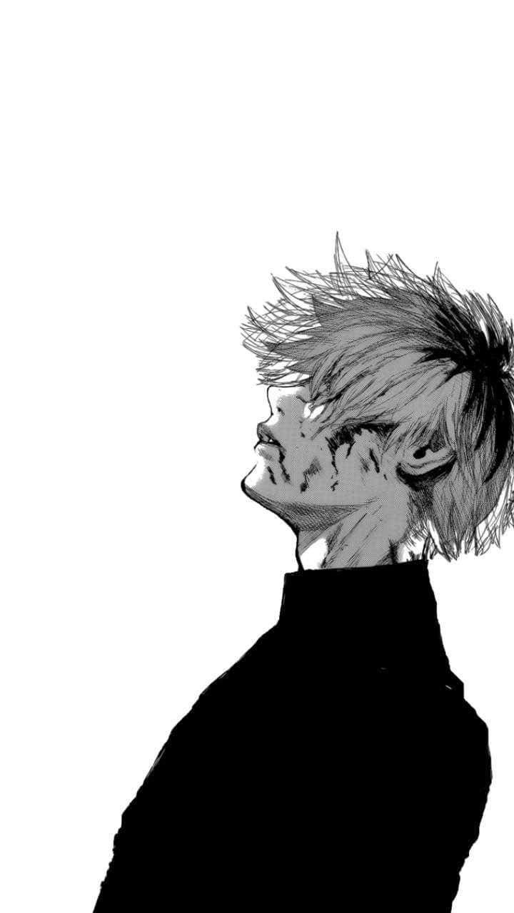 Kaneki Phone 桌布 壁紙 — 一個黑白動漫角色，有著尖刺頭髮和淚痕，在純白背景上向上凝視。