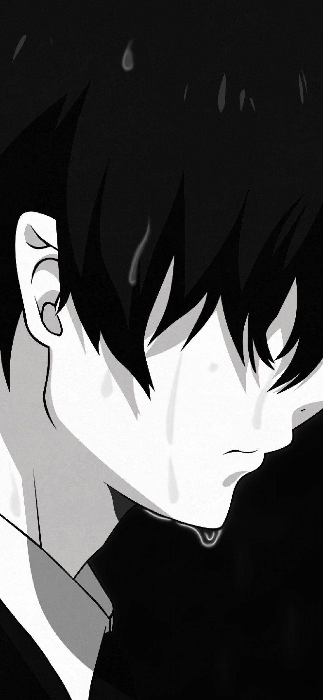 Black And White Anime Boy 桌布 壁紙 — 一個黑白動漫角色，淚水沿著臉頰流下，背景為深色。
