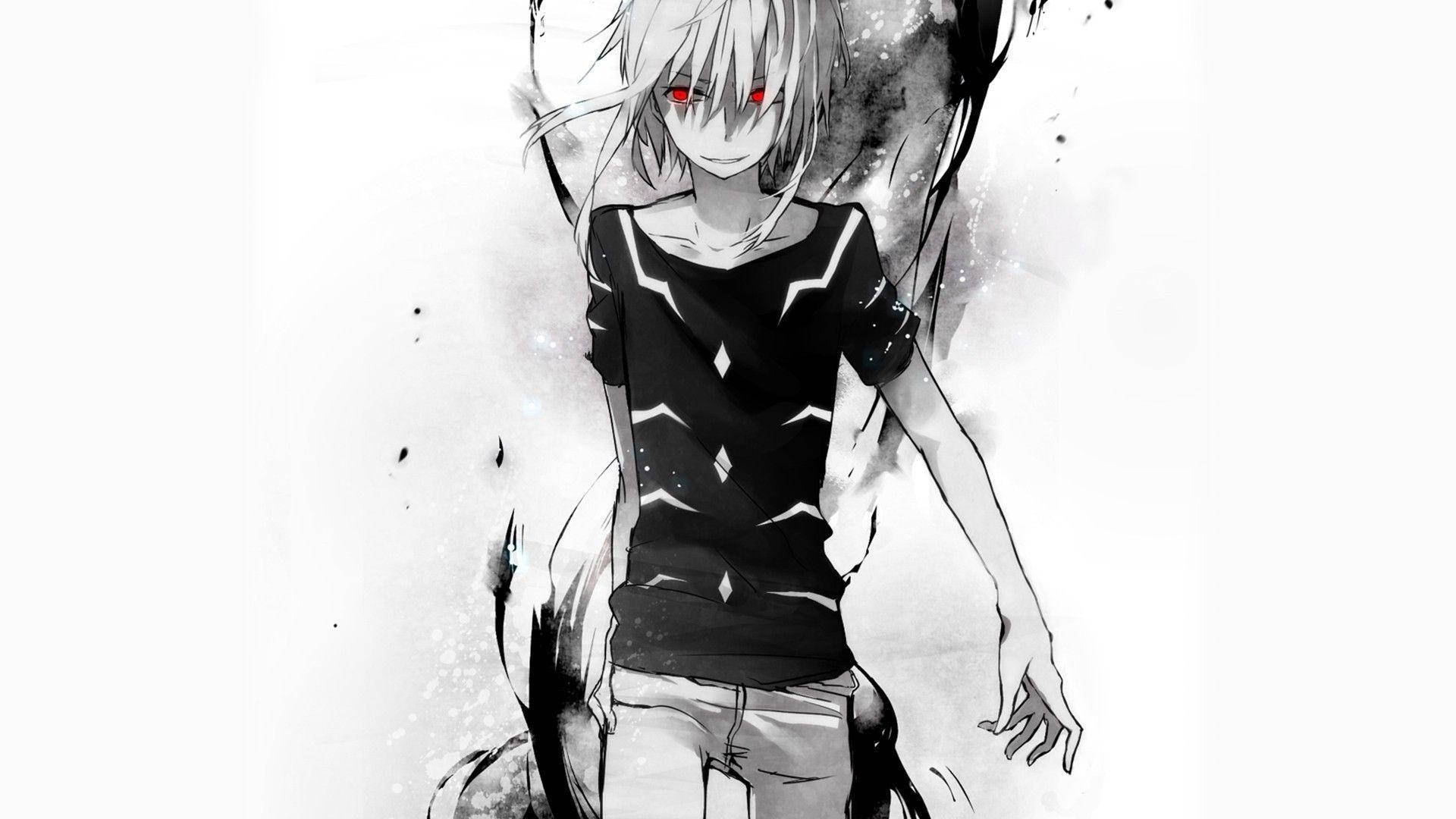 Black And White Anime 桌布 壁紙 — 一個黑白動漫角色，白髮紅眼，站在潑墨背景前。