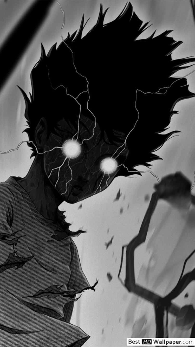 Mob Psycho iPhone 桌布 壁紙 — 一個黑白動漫角色，眼睛發光，頭部周圍有劈啪作響的電光，擺出戲劇性的姿勢。