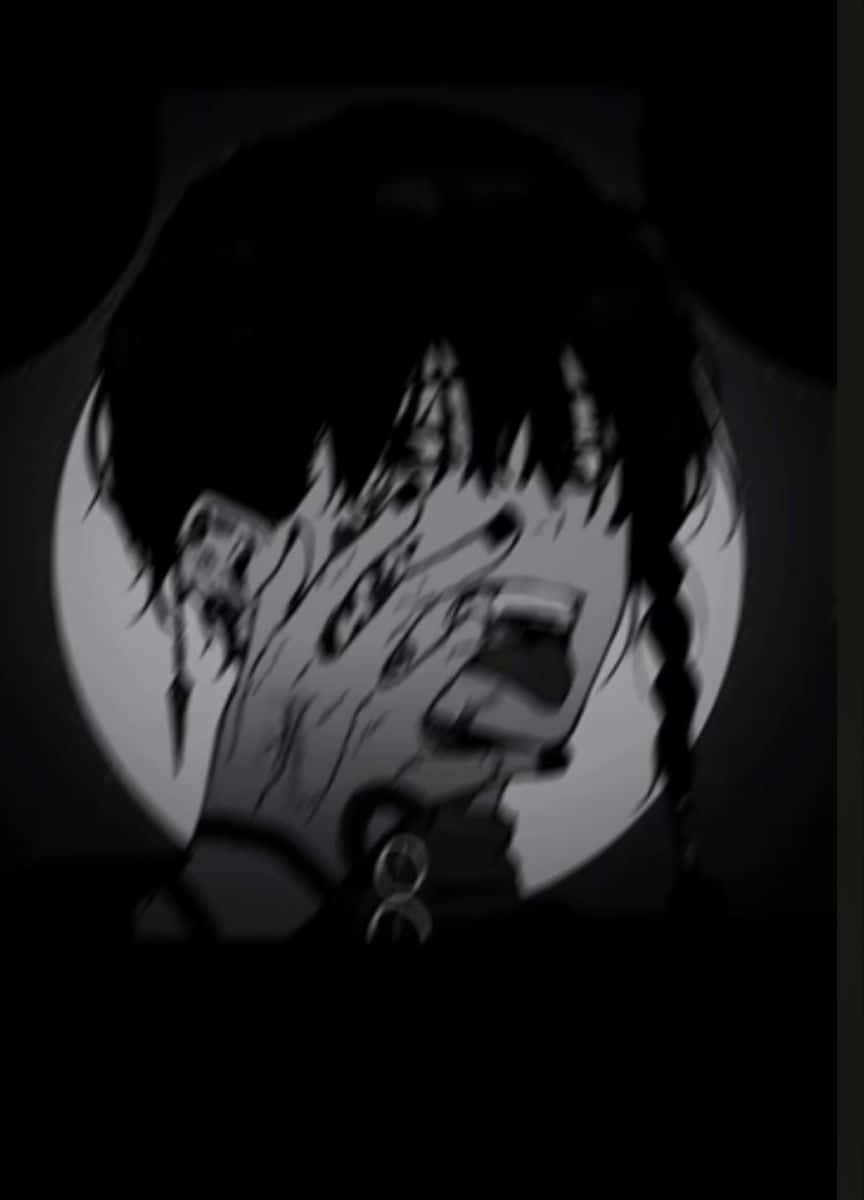 動漫男孩 桌布 壁紙 — 一個黑白動漫角色，編著辮子，在強烈的圓形光線下痛苦地遮住臉。