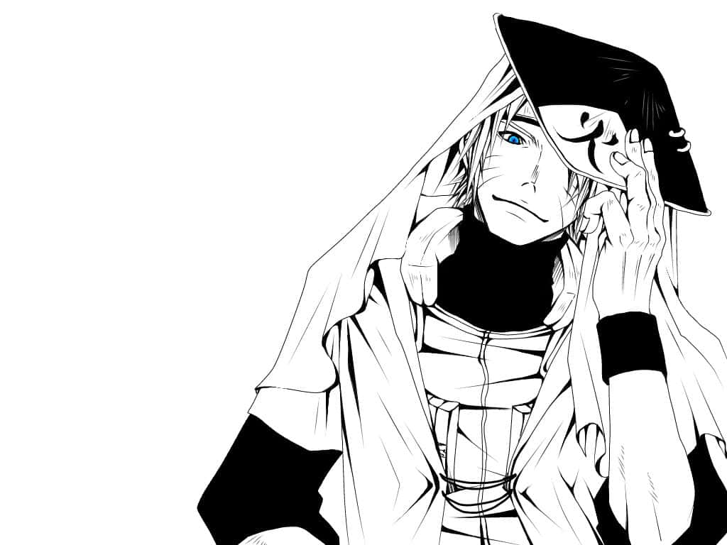 Naruto White 桌布 壁紙 — 一個黑白動漫角色，藍色眼睛，穿著連帽斗篷，表情嚴肅地調整臉上的面具。