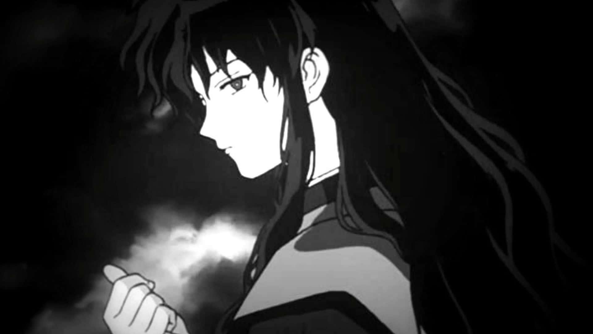 Naraku 桌布 壁紙 — 一個黑白動漫角色，長髮飄逸，若有所思地凝視著陰暗多雲的天空。