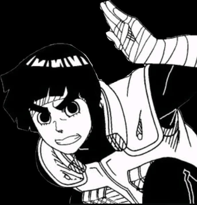 Rock Lee 桌布 壁紙 — 一個黑白動漫角色，雙手纏著繃帶，頭戴頭帶，表情激烈地向前衝刺。