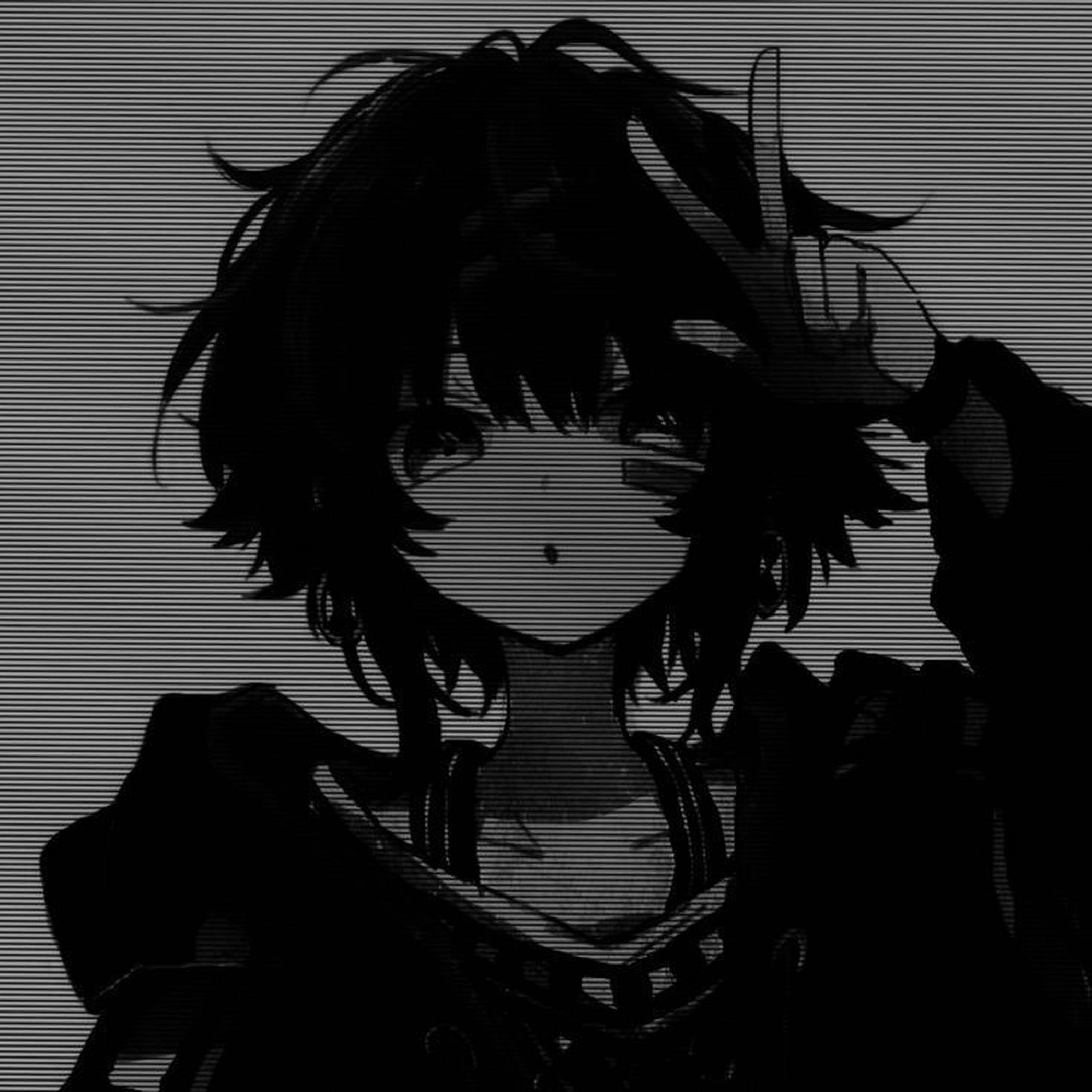 emo 頭像 桌布 壁紙 — 一個黑白動漫角色，頭髮凌亂，在帶有故障效果的條紋背景前比出和平手勢。