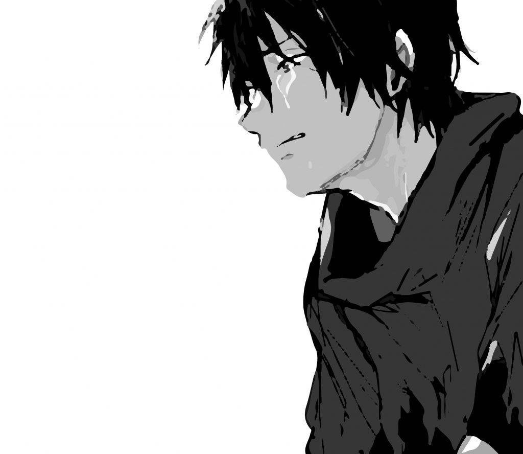 動漫男孩 桌布 壁紙 — 一個黑白動漫角色，頭髮凌亂，帶有淚痕，在純白背景下悲傷地低頭。