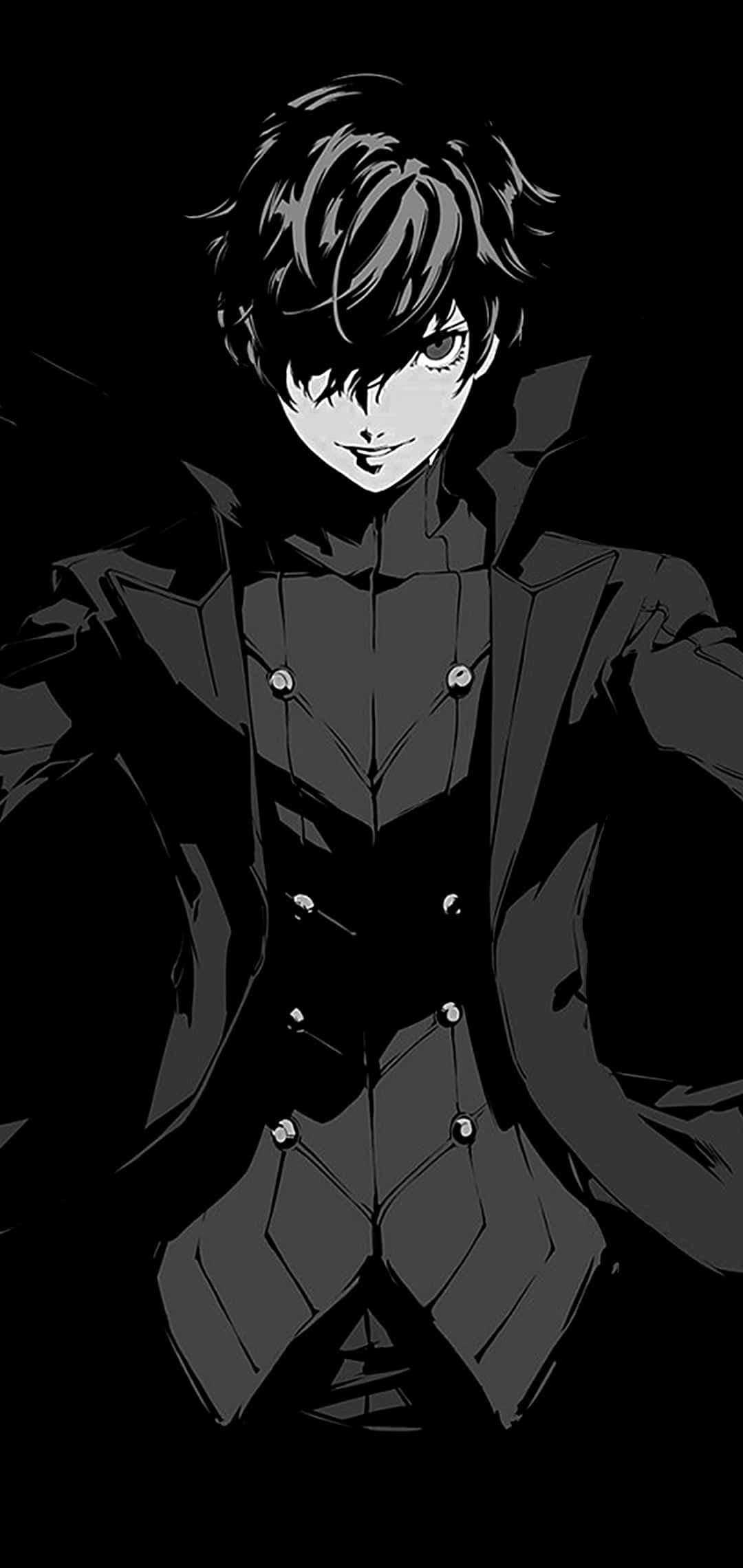 Dark Anime Boy 桌布 壁紙 — 一個黑白動漫角色，頭髮凌亂，穿著鋒利的西裝，站在黑色背景前，眼神銳利。