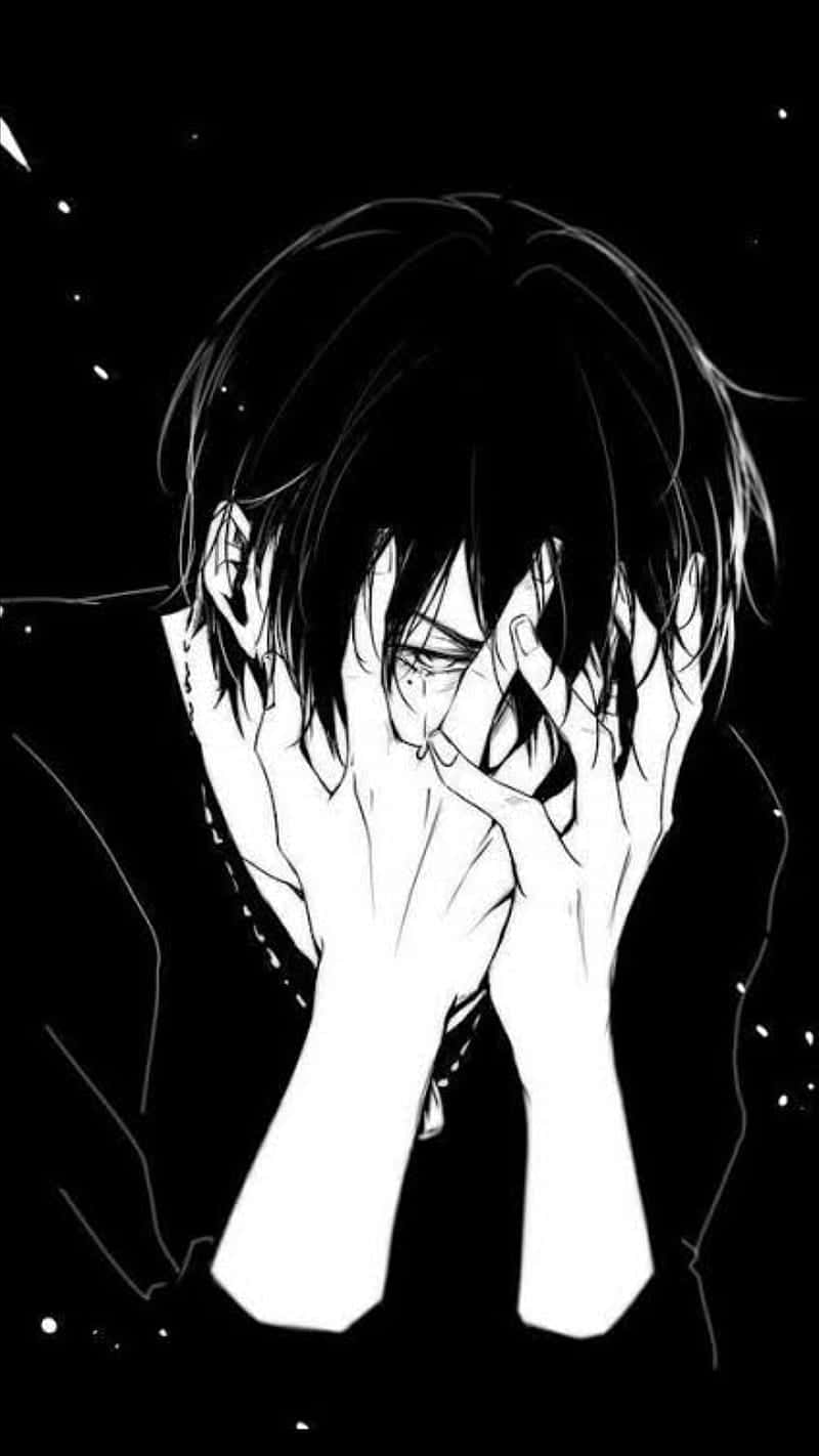 Dark Anime Boy 桌布 壁紙 — 一個黑白動漫角色，頭髮凌亂，雙手遮臉，背景是星空虛無。