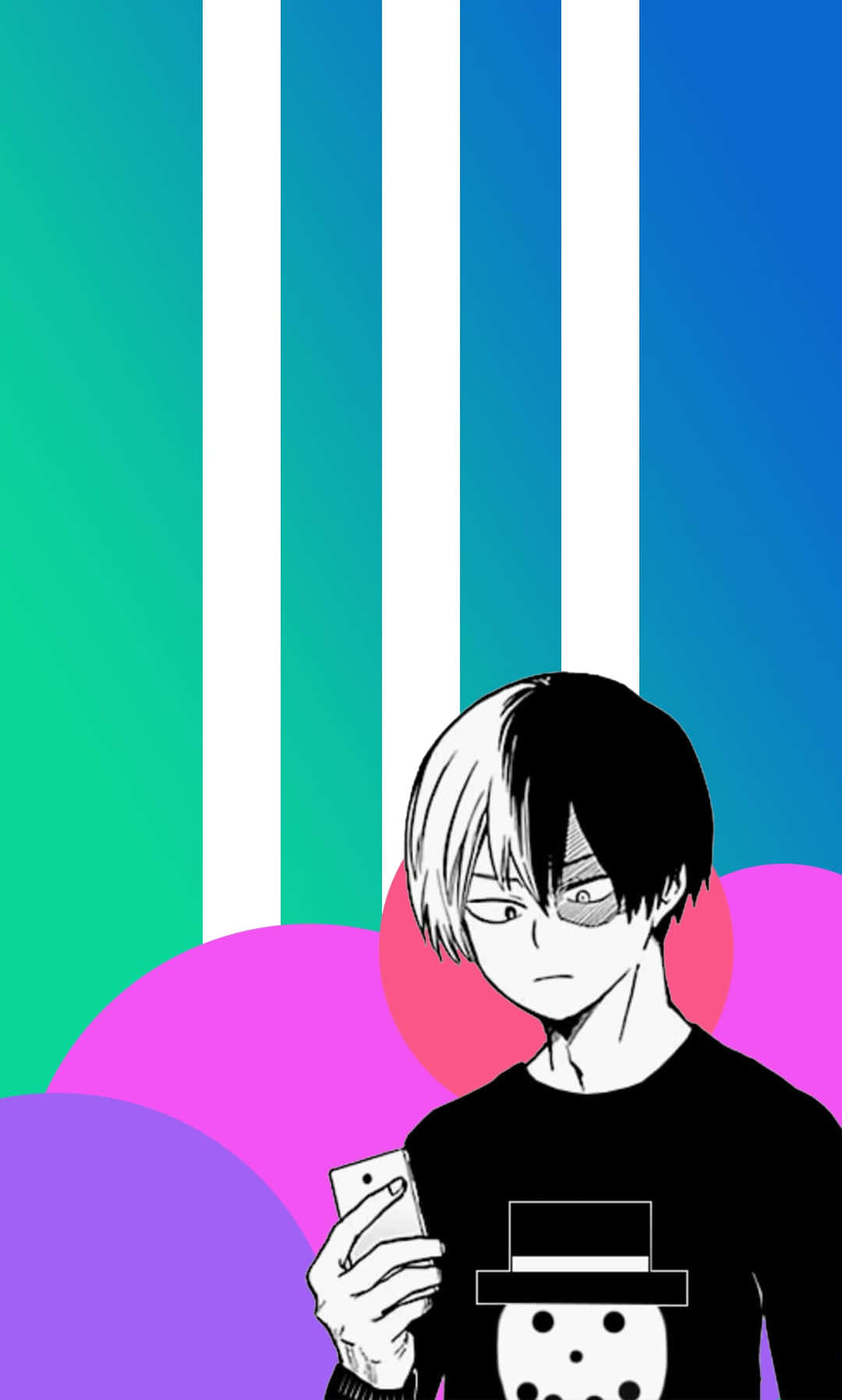 漫畫gif 桌布 壁紙 — 一個黑白動漫角色，頭髮半黑半白，在充滿垂直條紋和彩色圓圈的鮮豔背景前拿著手機。