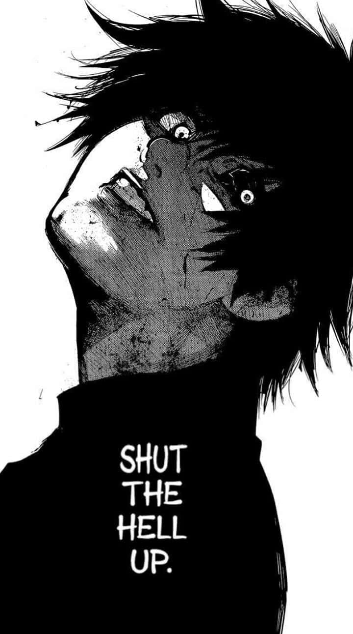Horror Anime 桌布 壁紙 — 一個黑白動漫角色，頭髮尖刺，向上尖叫，眼神強烈，T恤上寫著 shut the hell up。