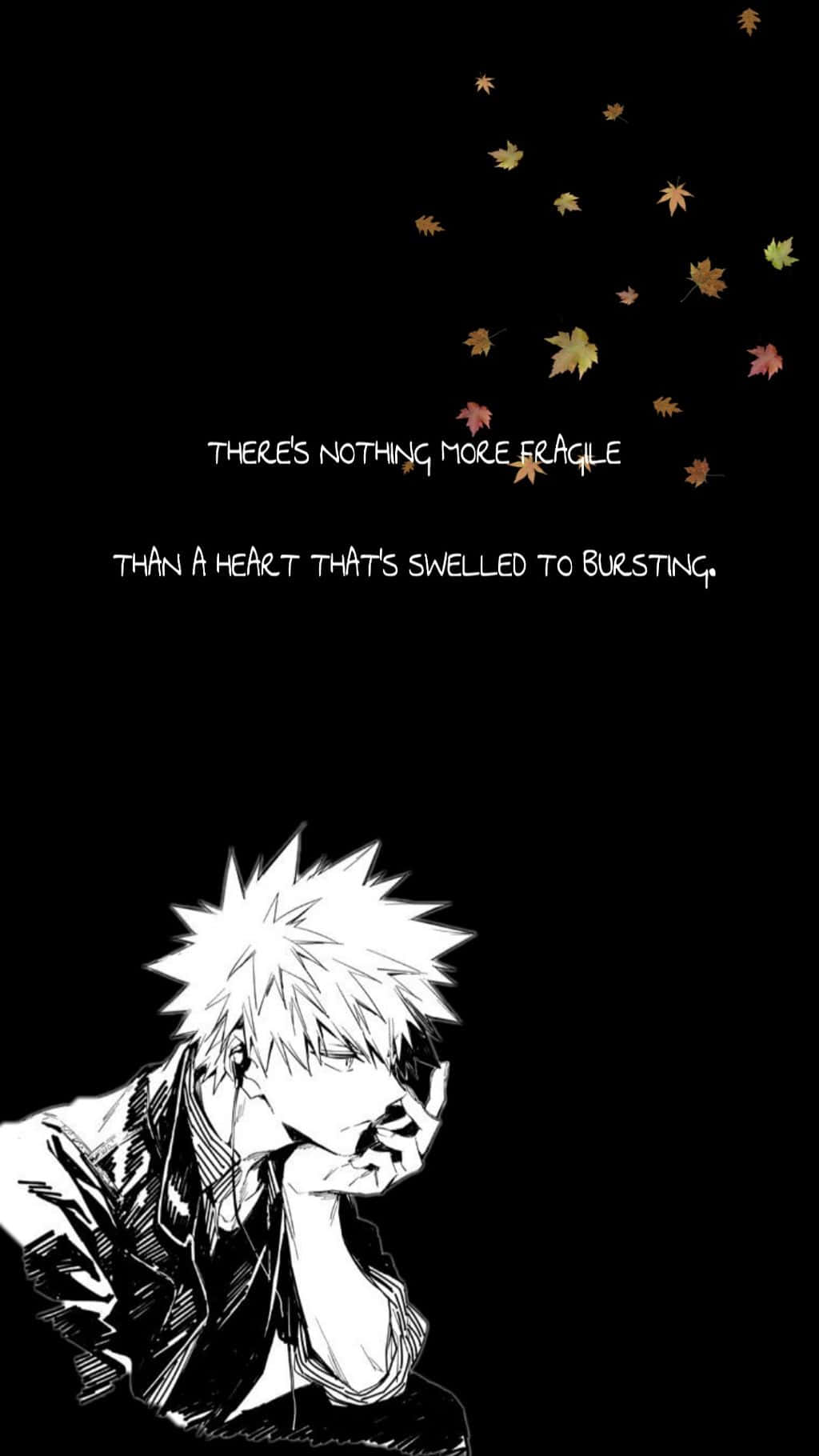 Sad Anime Quotes 桌布 壁紙 — 一個黑白動漫角色，頭髮尖刺，向上凝視，秋葉飄落，背景深色並帶有文字。