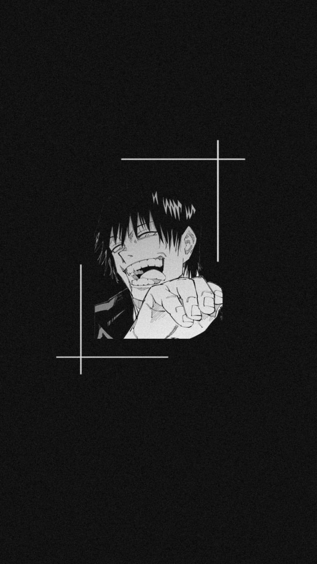 Toji Fushiguro 桌布 壁紙 — 一個黑白動漫角色，頭髮尖刺，向前指著尖叫，以簡約的十字準星框在深色背景上。