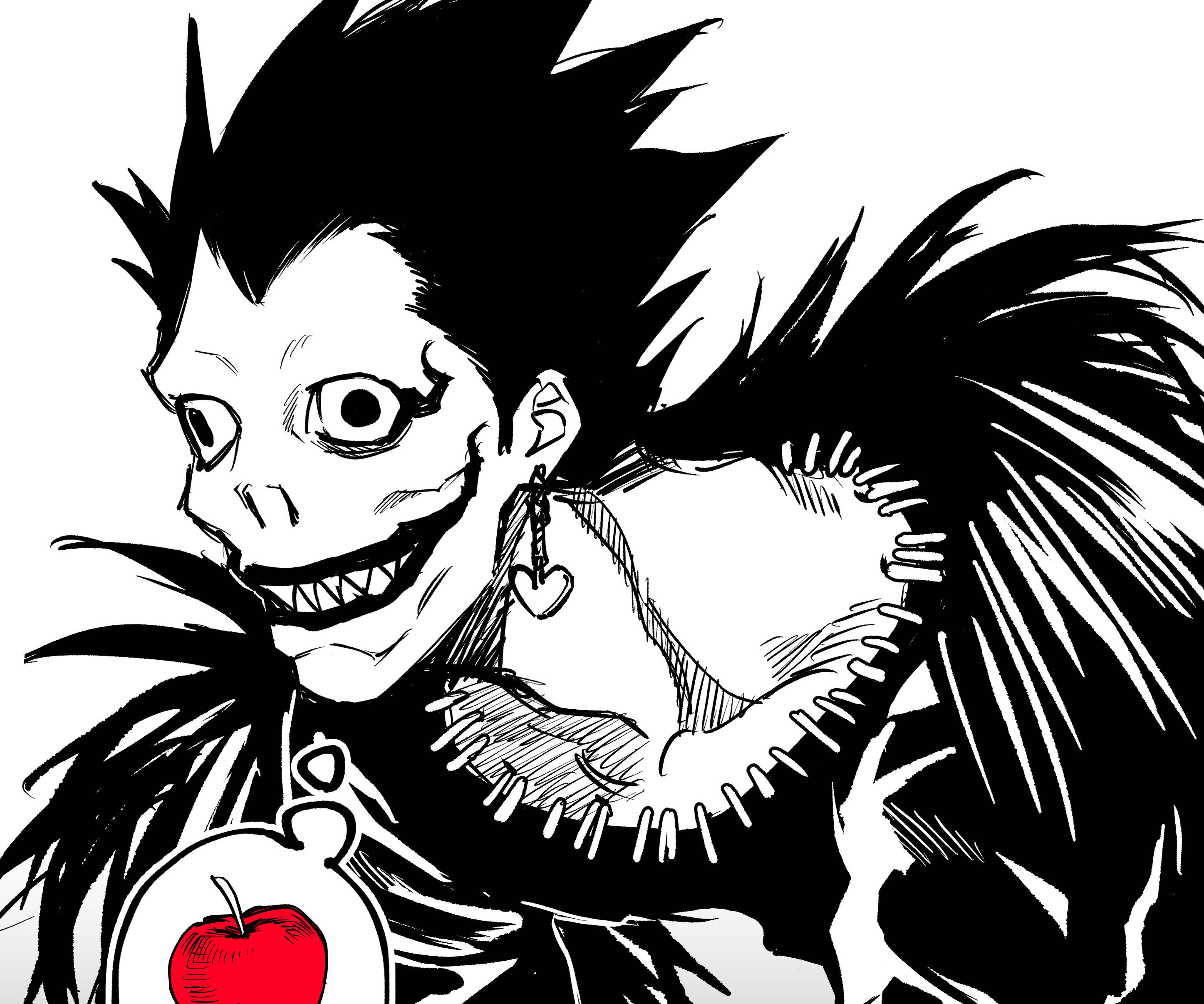 Ryuk 桌布 壁紙 — 一個黑白動漫角色，頭髮尖刺，咧嘴大笑，在純白背景前拿著一個紅蘋果。