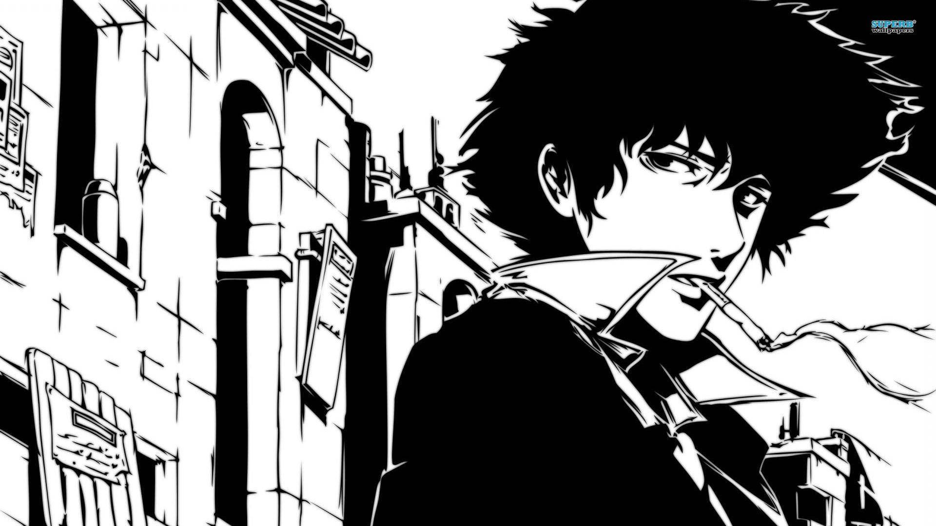 Black And White Anime 桌布 壁紙 — 一個黑白動漫角色，頭髮尖刺，在詳細的城市小巷中抽煙。