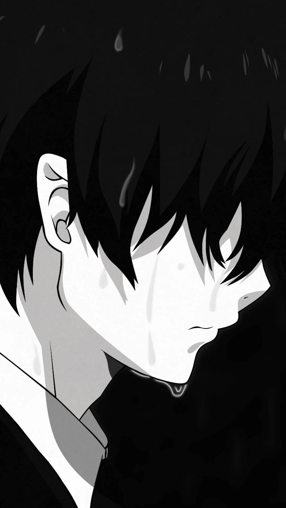 anime sad 桌布 壁紙 — 一個黑白動漫角色，頭髮尖刺，在黑暗背景中流淚。