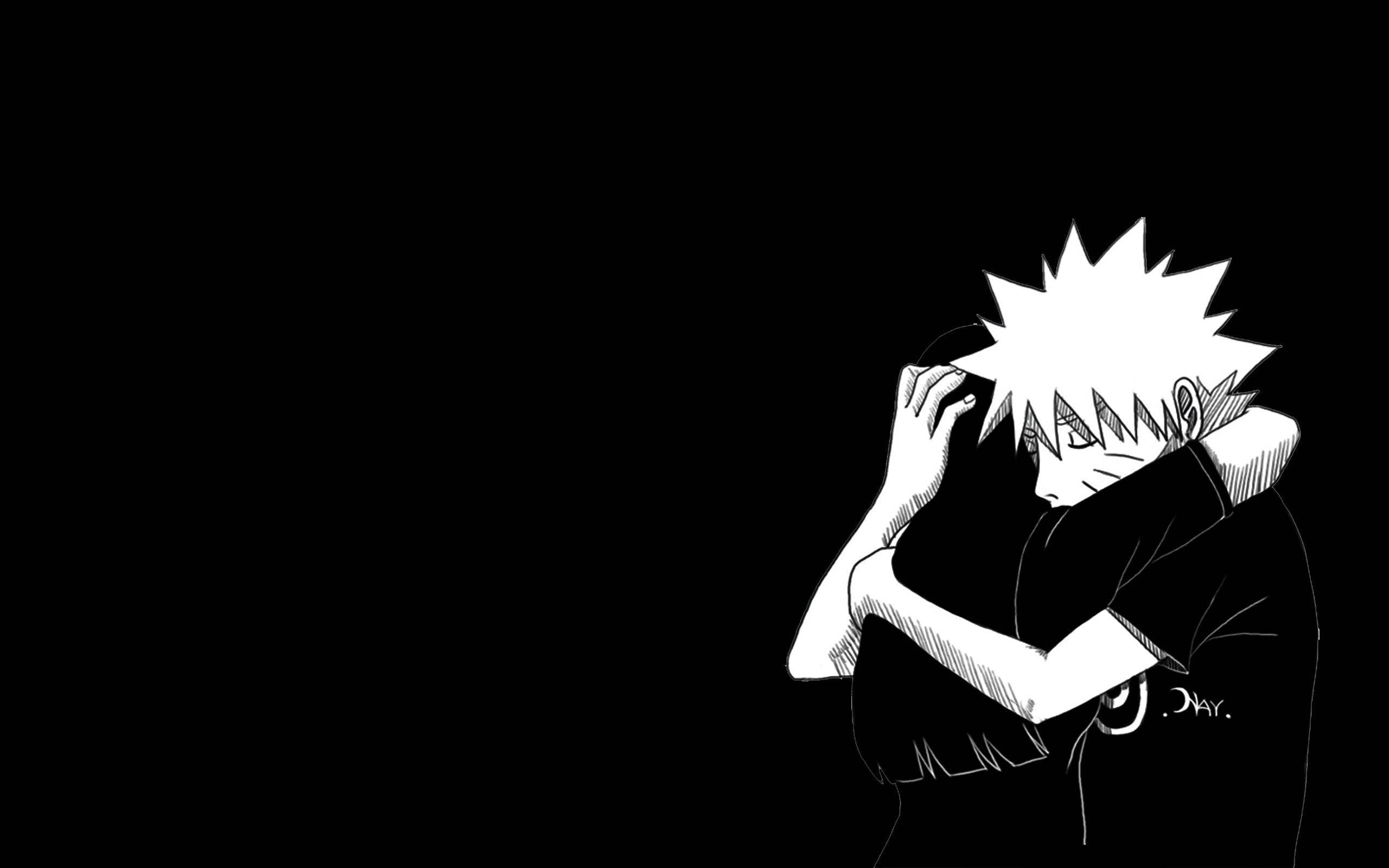火影忍者 雛田 桌布 壁紙 — 一個黑白動漫角色，頭髮尖刺，在黑色背景前擁抱自己。