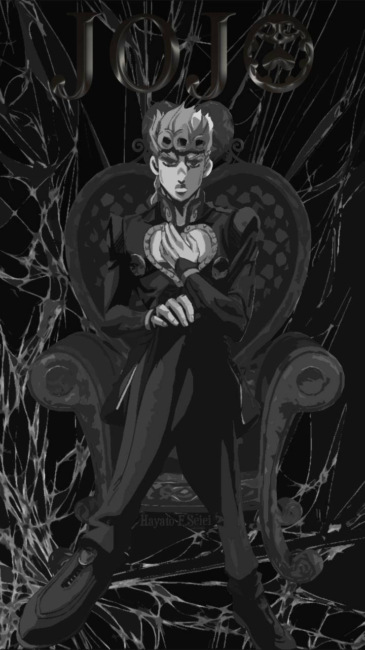 Jojo Phone 桌布 壁紙 — 一個黑白動漫角色，頭髮尖刺，威嚴地坐在華麗的王座上，周圍是破碎的玻璃。