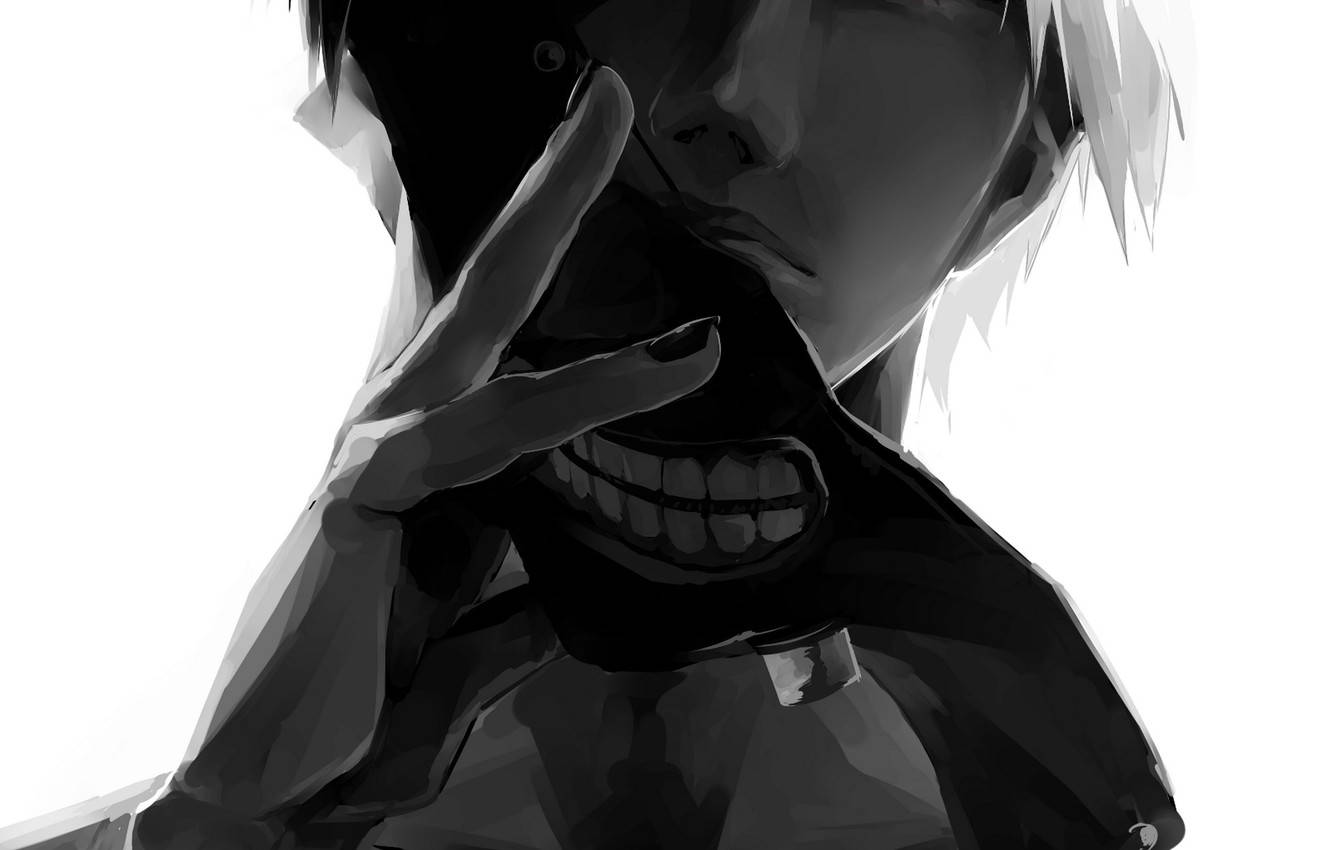 動漫角色手持微笑面具遮住臉部，黑白風格。 — 動漫男孩暗黑 壁紙