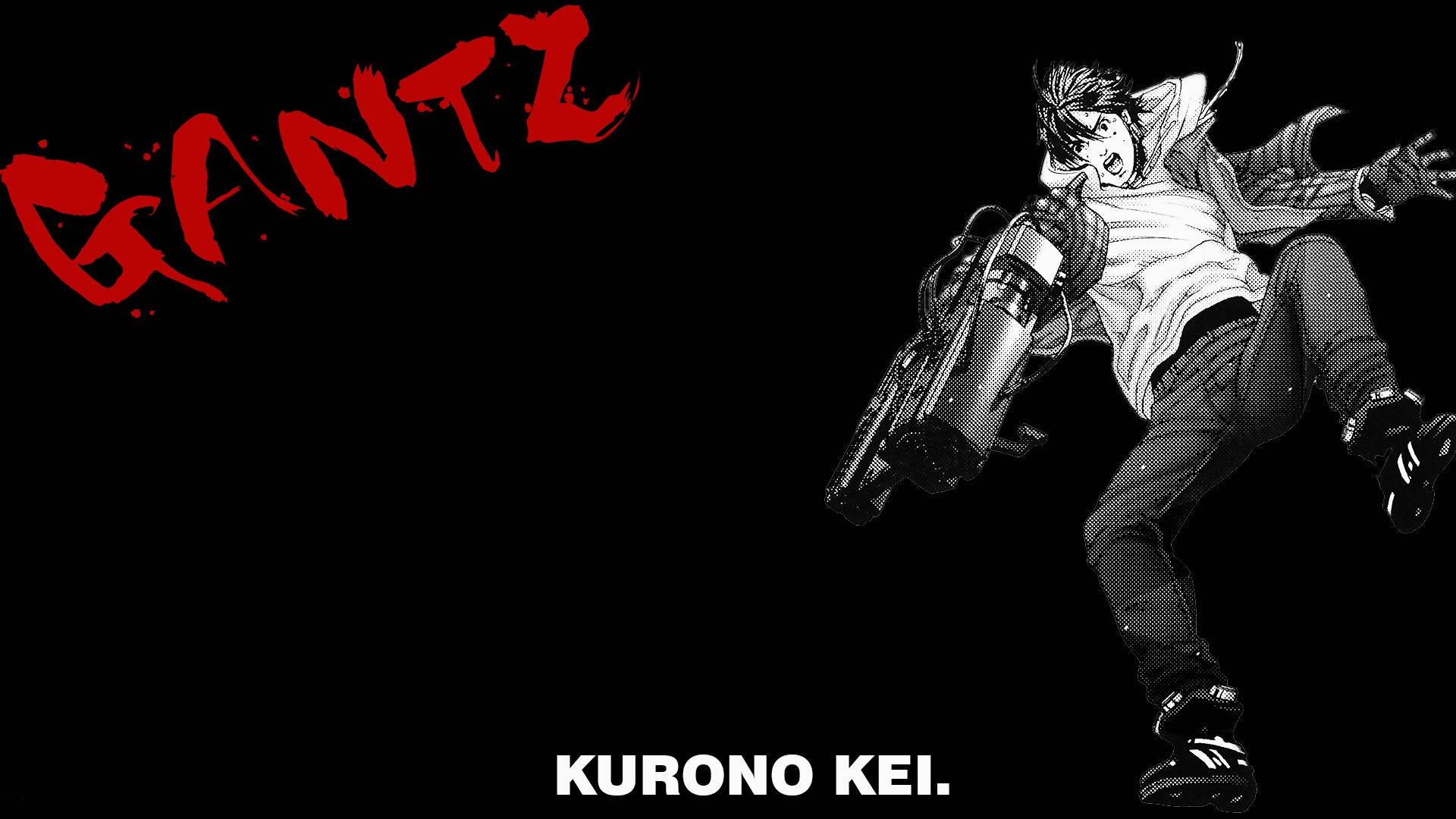 gantz 桌布 壁紙 — 一個黑白動漫角色以動態動作姿勢手持武器，背景為純黑色，帶有紅色「GANTZ」文字。