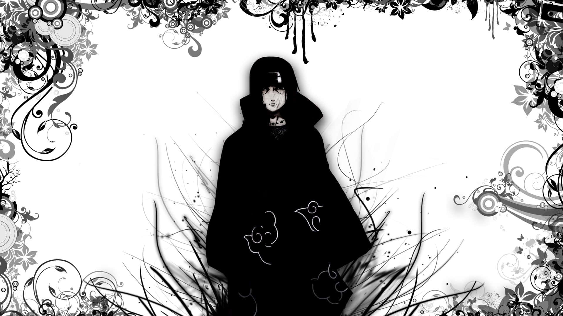 Naruto Black And White 桌布 壁紙 — 一個黑白動漫角色披著斗篷，站在白色背景中央，周圍環繞著華麗的漩渦花卉圖案。