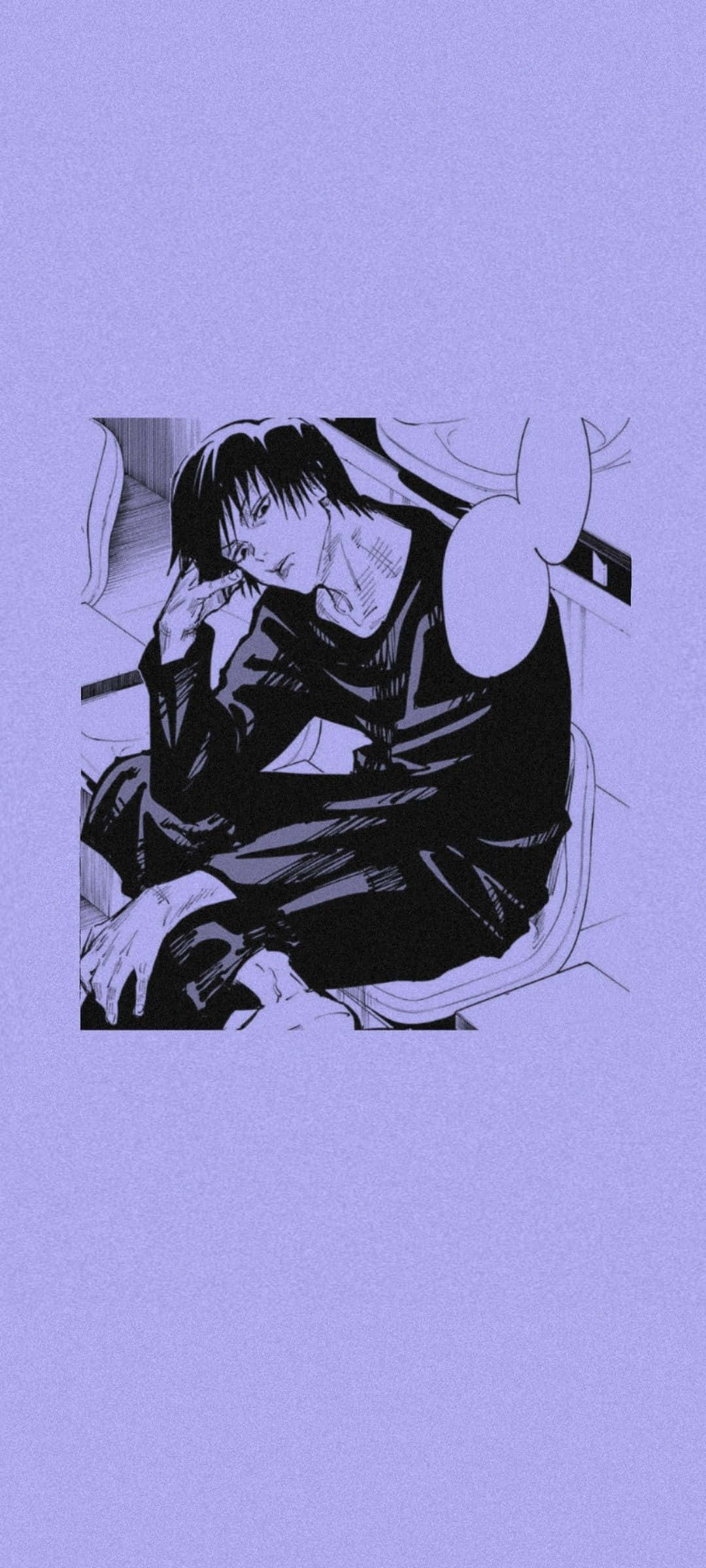 Toji Fushiguro 桌布 壁紙 — 一個黑白動漫角色癱坐在椅子上，背景是純色薰衣草色。