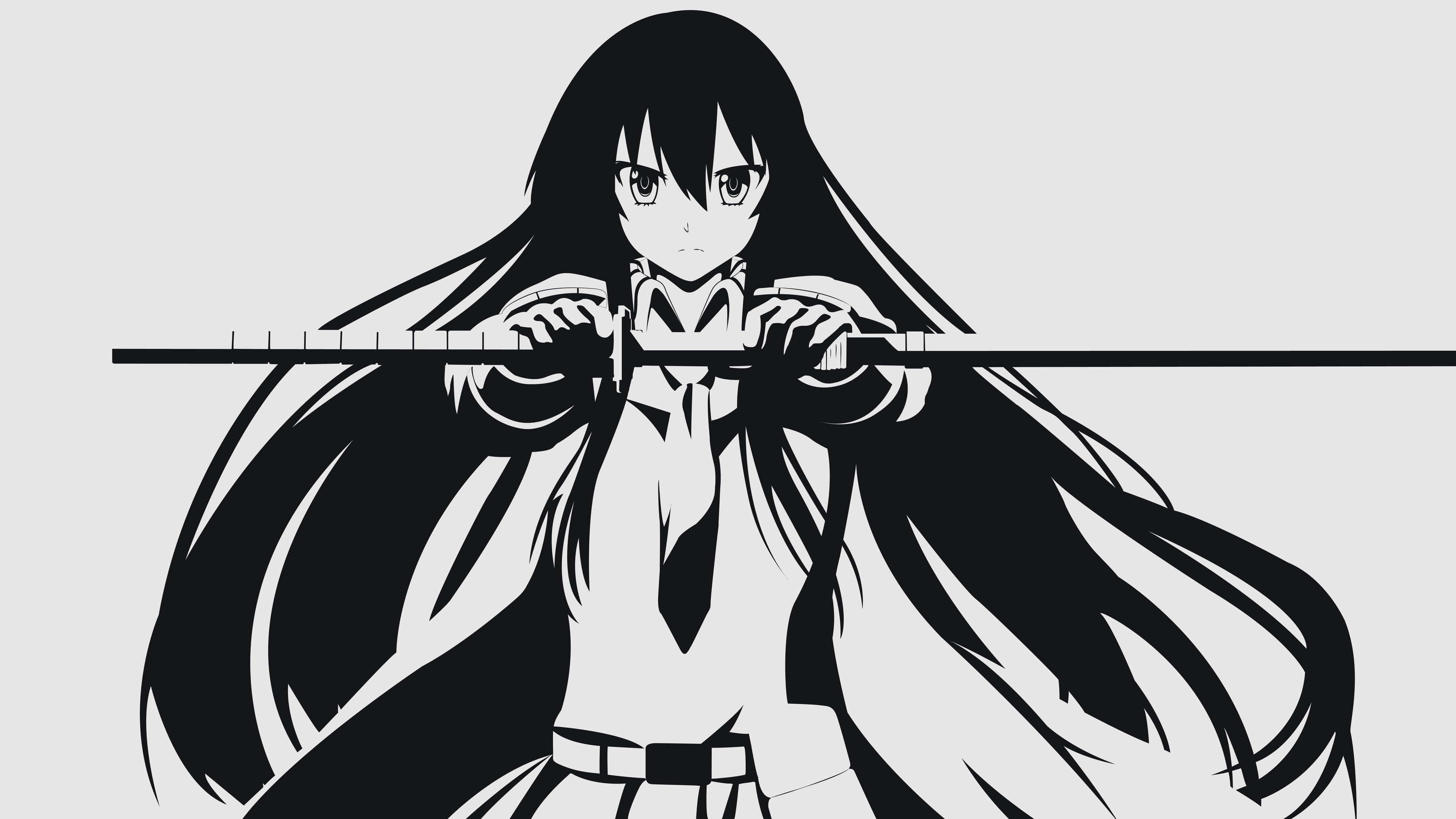 Akame Ga Kill 4K 桌布 壁紙 — 一個黑白動漫長髮女孩，在純灰色背景前，水平握著一把武士刀，擺出準備姿勢。