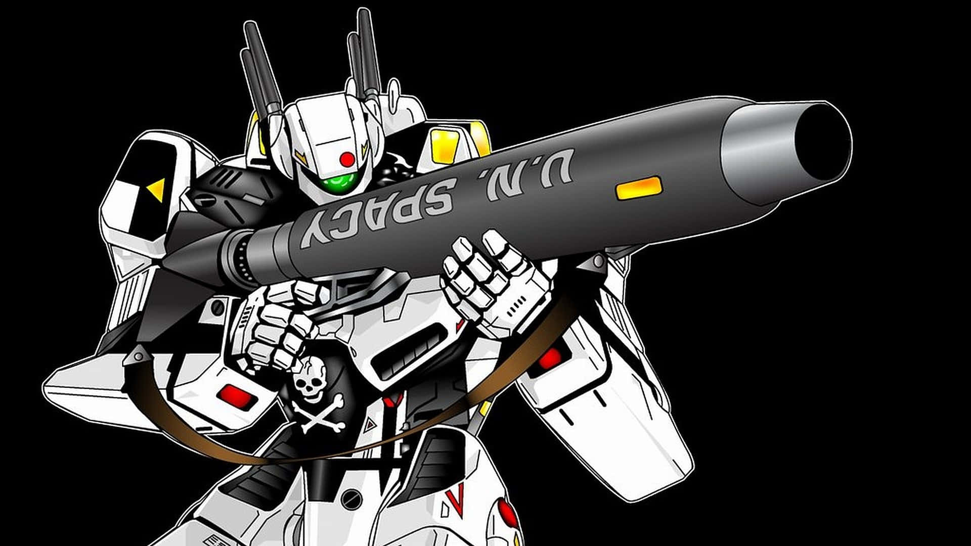 robotech 桌布 壁紙 — 一個黑白動漫風格機甲在黑色背景前手持一枚標有 U.N. SPACY 的大型飛彈。