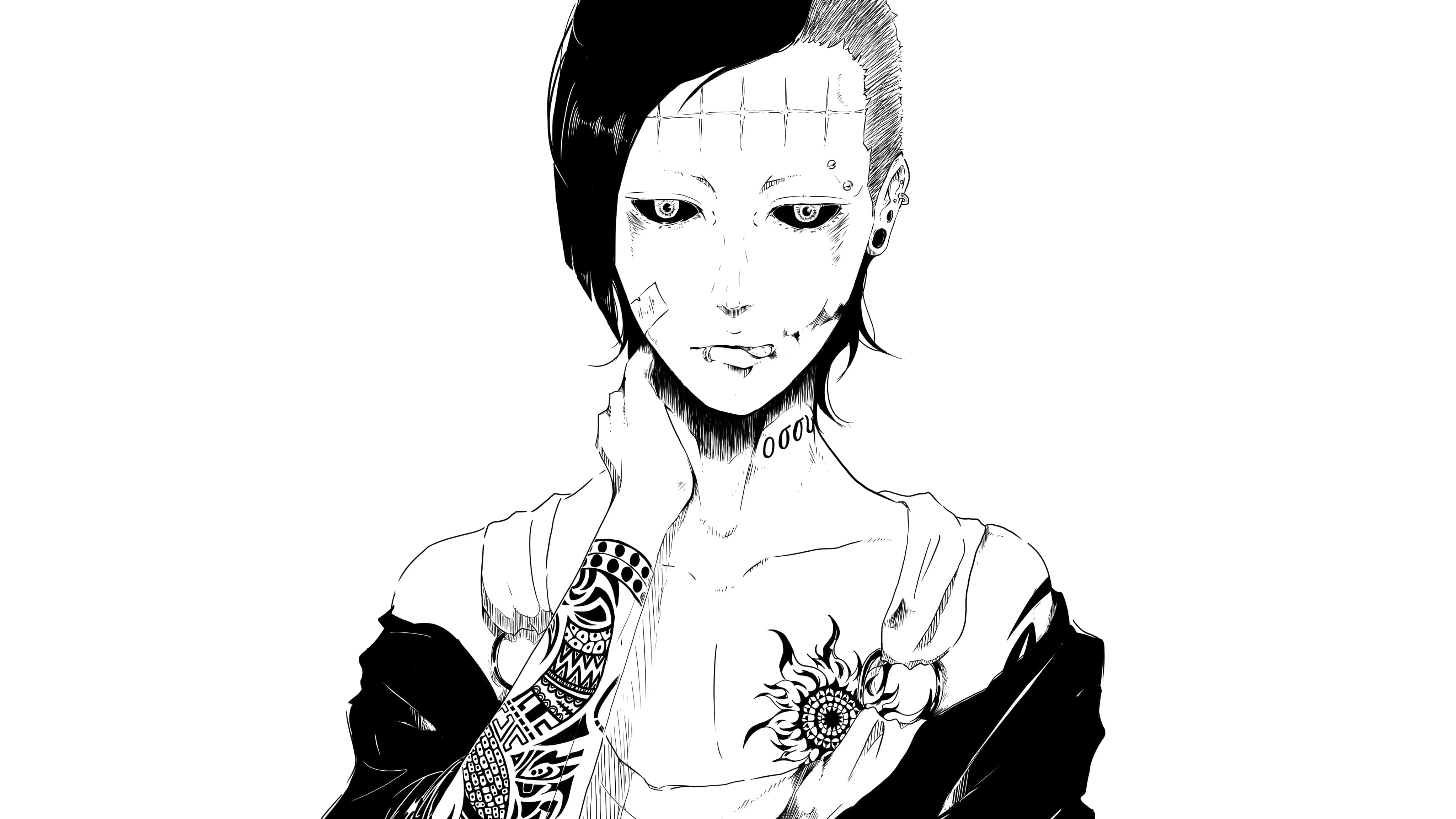 Tokyo Ghoul Uta 桌布 壁紙 — 一個黑白動漫風格的人物肖像，短髮，頸部和手臂上有精細的刺青。