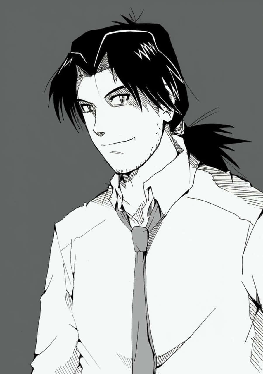 Ryoji Kaji 桌布 壁紙 — 一個黑白動漫風格的年輕男子肖像，他有尖刺頭髮和冷笑，穿著有領襯衫和領帶。