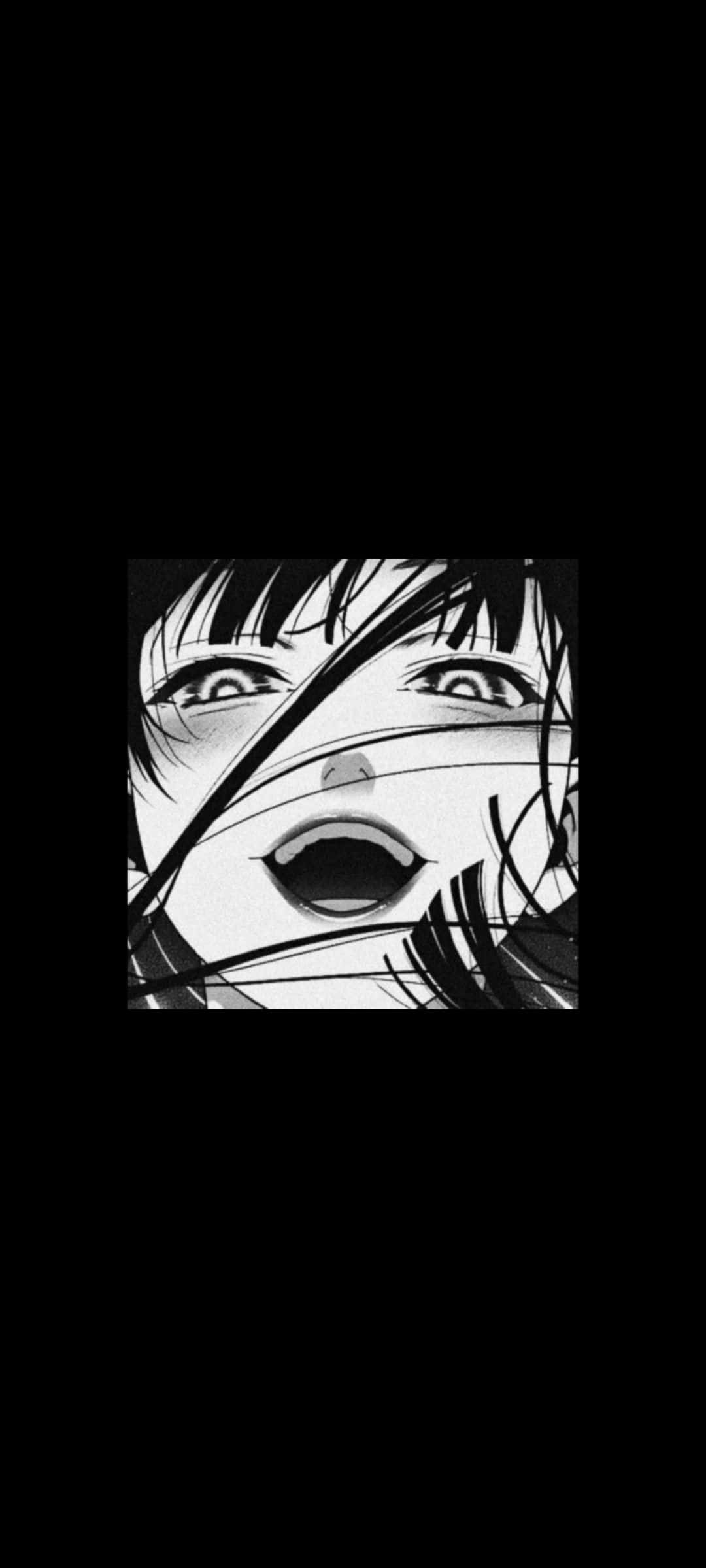 anime black and white 桌布 壁紙 — 一個黑白動漫風格的特寫，展示一張震驚的臉，眼睛睜大，嘴巴張開，背景為深色。