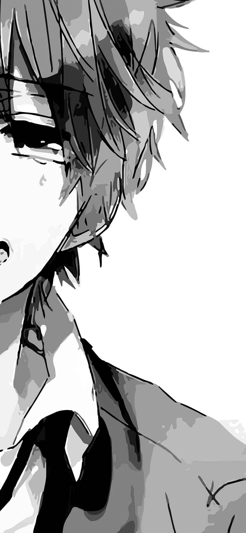 Sad Anime Phone 桌布 壁紙 — 一個黑白動漫風格的特寫，描繪一位年輕男子，擁有刺蝟頭和銳利眼神，穿著有領襯衫和領帶。