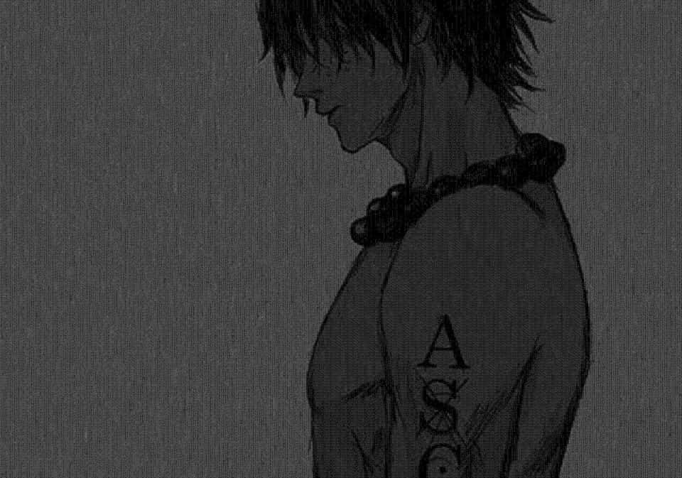 One Piece Ace's Death 桌布 壁紙 — 一個黑白動漫風格的男性側面輪廓，戴著鏈條項鍊，肩膀上可見刺青。