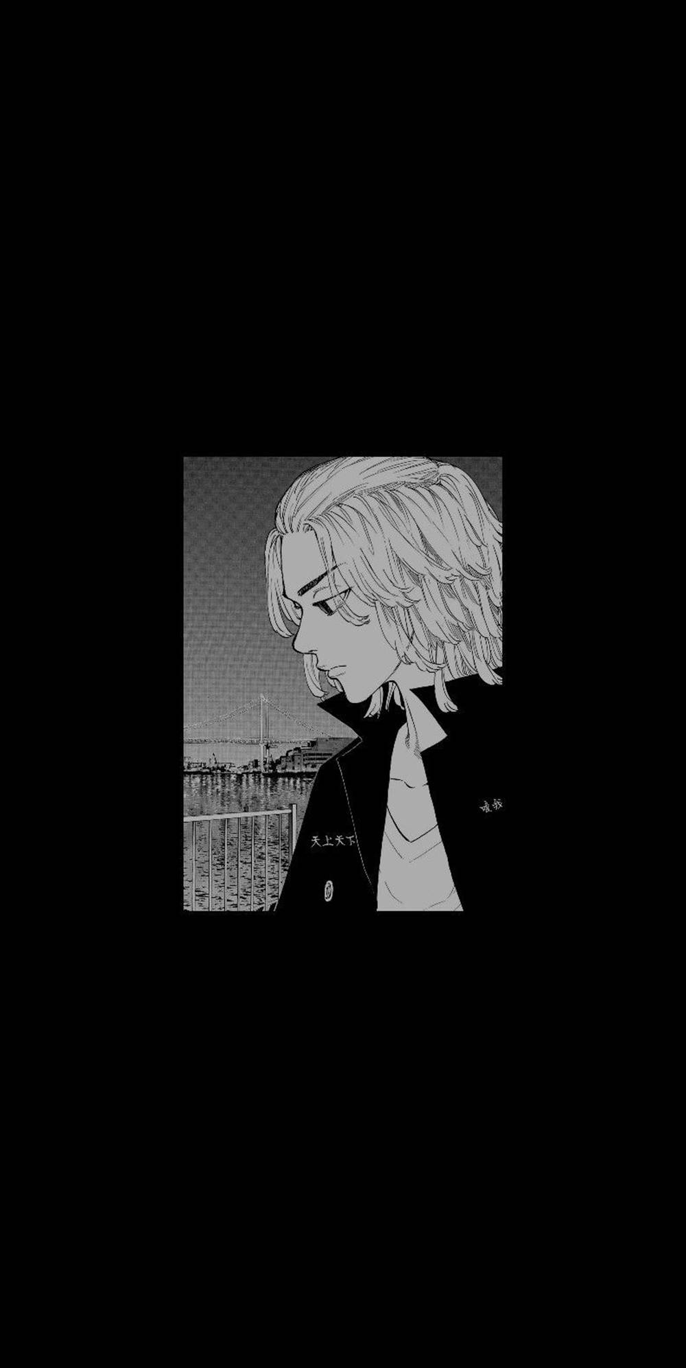 adorable 桌布 壁紙 — 一個黑白動漫風格肖像，描繪一位頭髮凌亂的年輕男子在紋理背景前低頭。