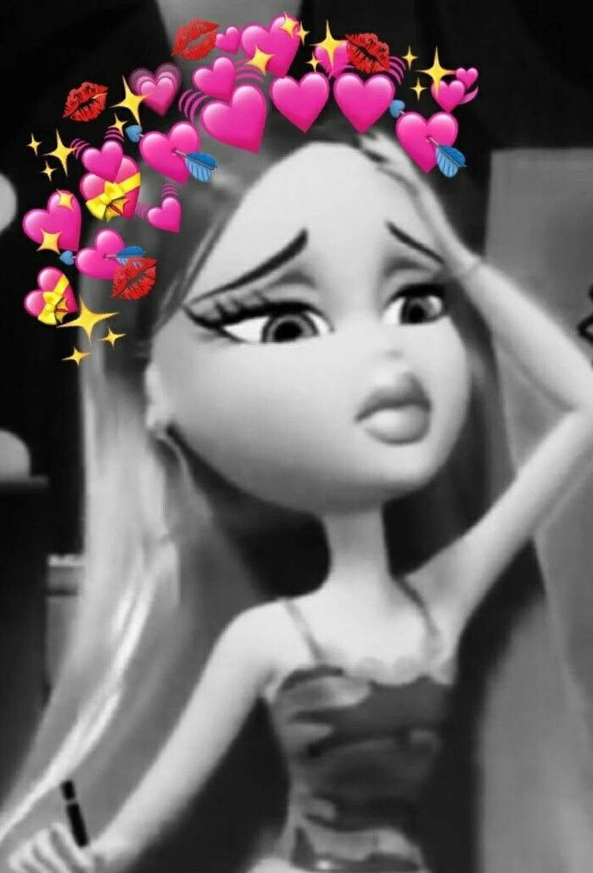 Bratz 桌布 壁紙 — 一個黑白動漫風格長髮娃娃，當粉紅色心形和嘴唇漂浮在她頭頂時，露出驚訝的表情。