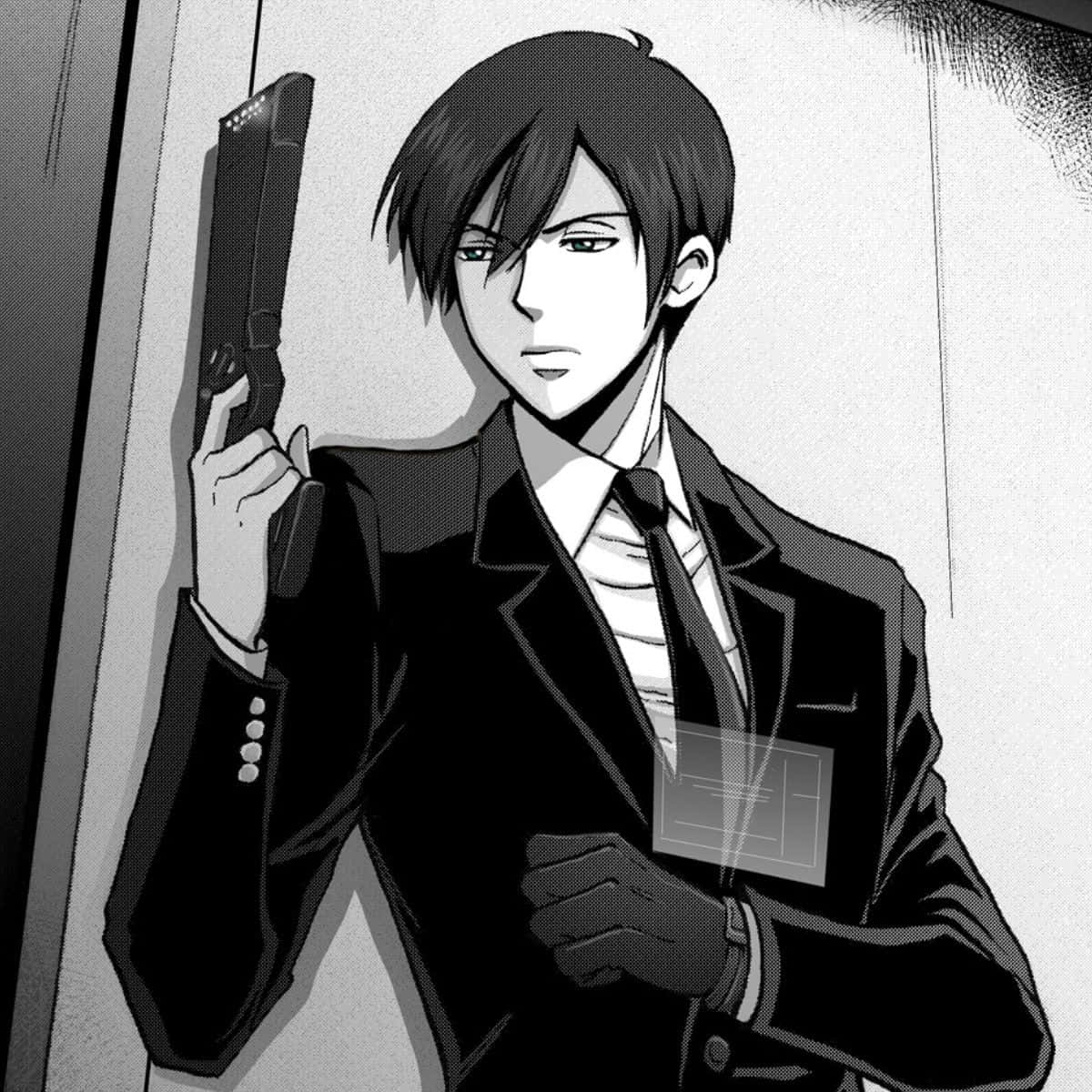 Nobuchika Ginoza 桌布 壁紙 — 一個黑白動畫中的西裝男，對著素牆，表情嚴肅地持槍。