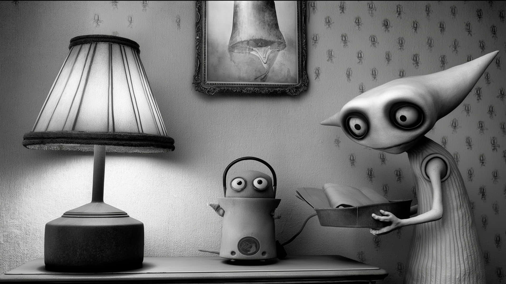 Tim Burton-esque Creature and Kettle in a Quirky Interior 壁紙 — 一個黑白動畫場景，有兩個類似外星人的角色在一個有圖案壁紙和亮著燈的房間裡。