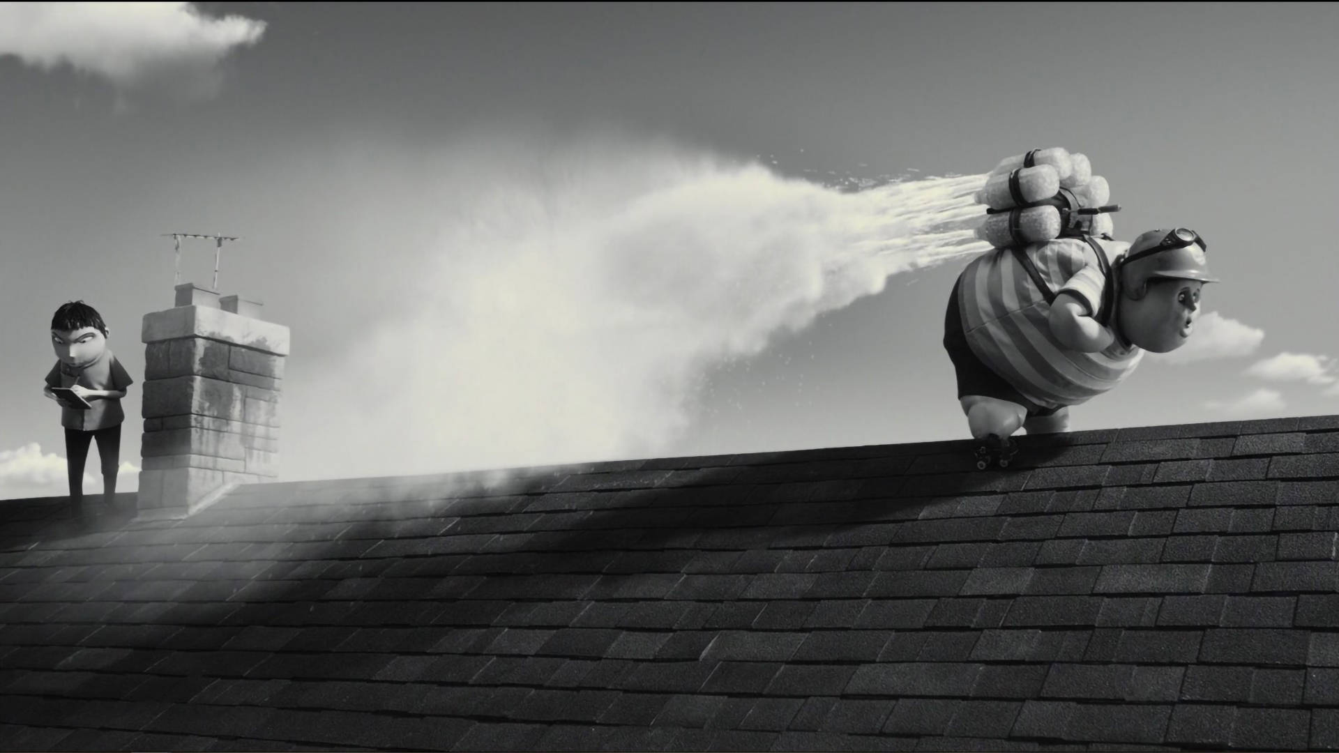 Frankenweenie 桌布 壁紙 — 一個黑白動畫場景顯示一個煙囪清潔工角色在屋頂上，背部噴出煙霧，而另一個角色在煙囪旁邊觀看。