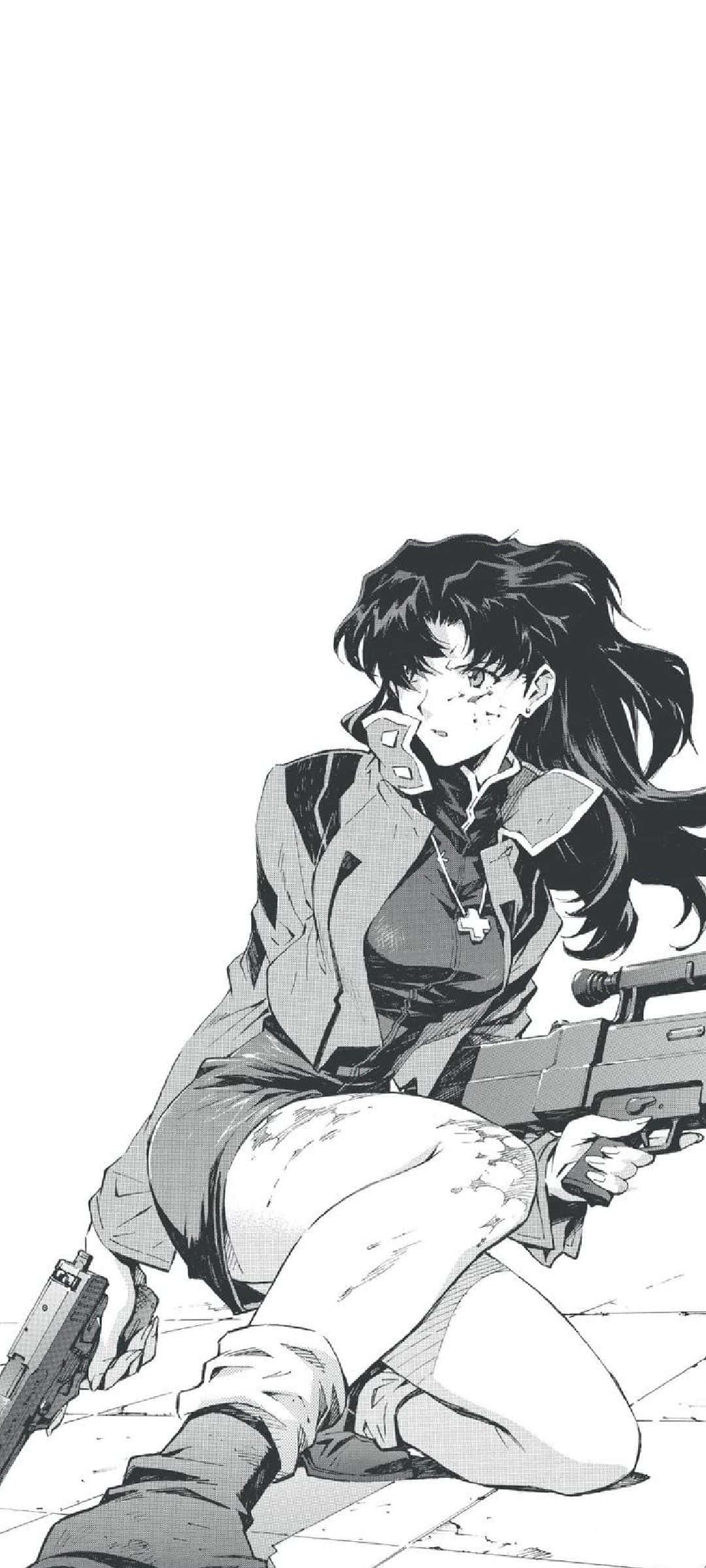 Misato Katsuragi 桌布 壁紙 — 一個黑白動畫女孩，長長的黑髮，跪著，手持兩把槍，背景是純白色。