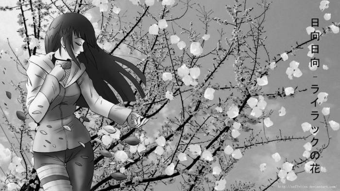 動畫女孩伸手去接從樹枝上飄落的櫻花。 — 日向 GIF 壁紙