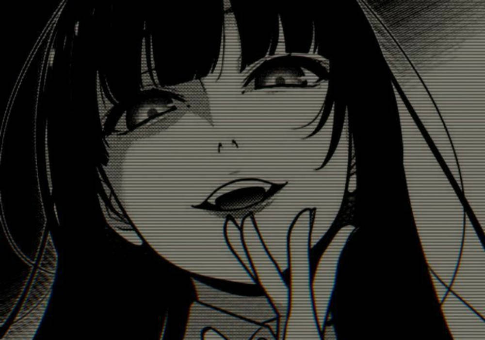 Edgy 桌布 壁紙 — 一個黑白動畫女孩，長髮大眼，手指靠近嘴唇，向上看，背景粗糙有紋理。