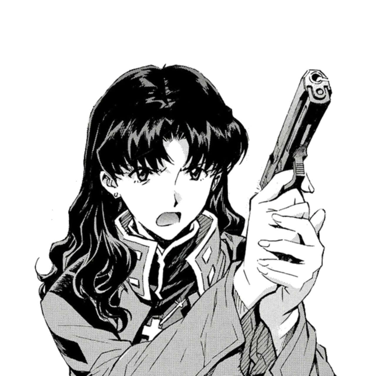 Misato Katsuragi 桌布 壁紙 — 一個黑白動畫女孩，長髮飄逸，在純色背景下專注地瞄準手槍。