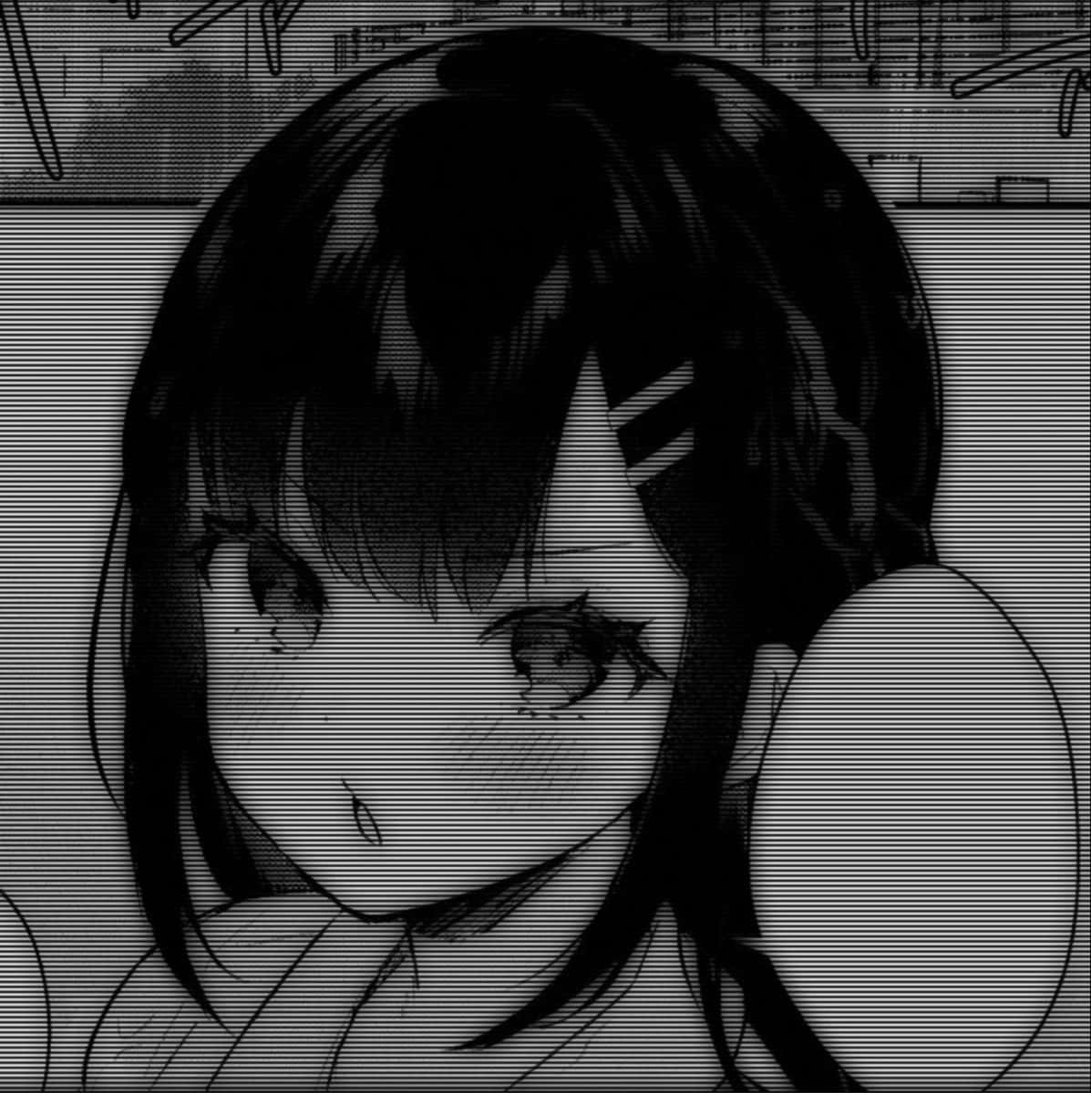 動漫女孩 桌布 壁紙 — 一個黑白動畫女孩，長髮飄逸，淚眼汪汪，透過像素化螢幕疊加層凝視。