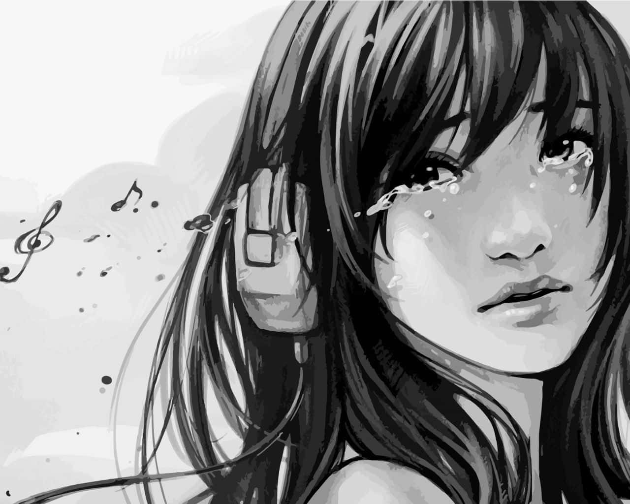動漫女孩 桌布 壁紙 — 一個黑白動畫女孩戴著耳機哭泣，音符在她臉龐周圍飄浮。